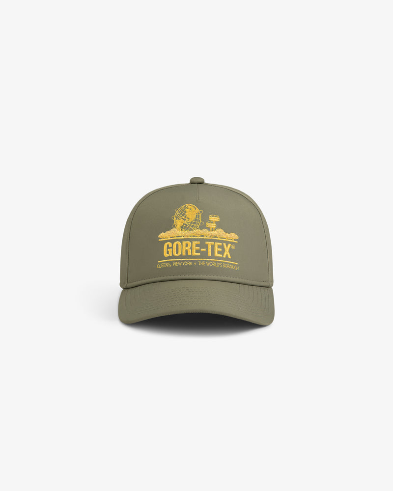 GORE-TEX Unisphere Hat in olive green with a yellow graphic and “GORE-TEX” text on the front.