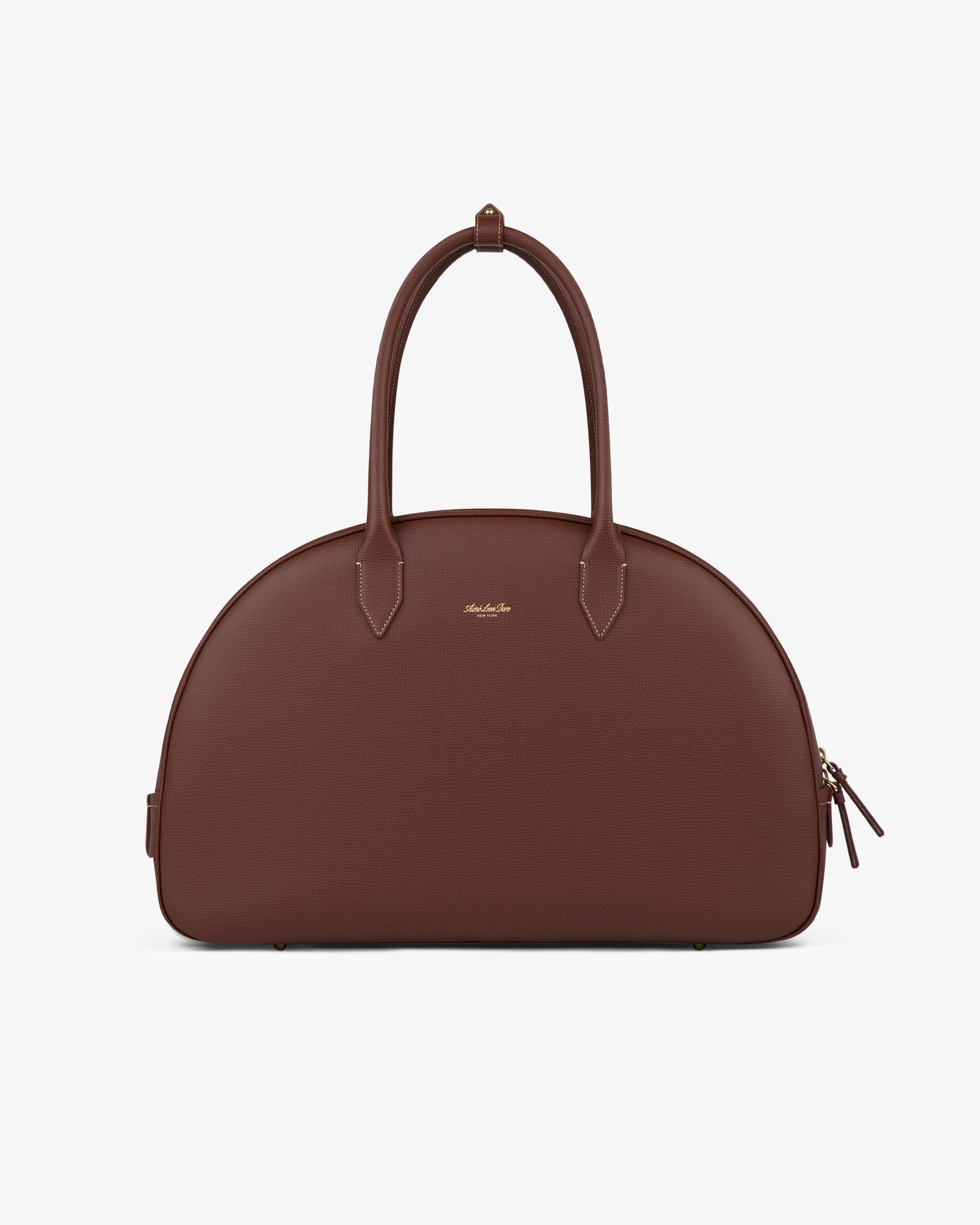 Full Grain Leather Crescent Shoulder Bag: brown, dome-shaped with two handles and gold accents on white background.