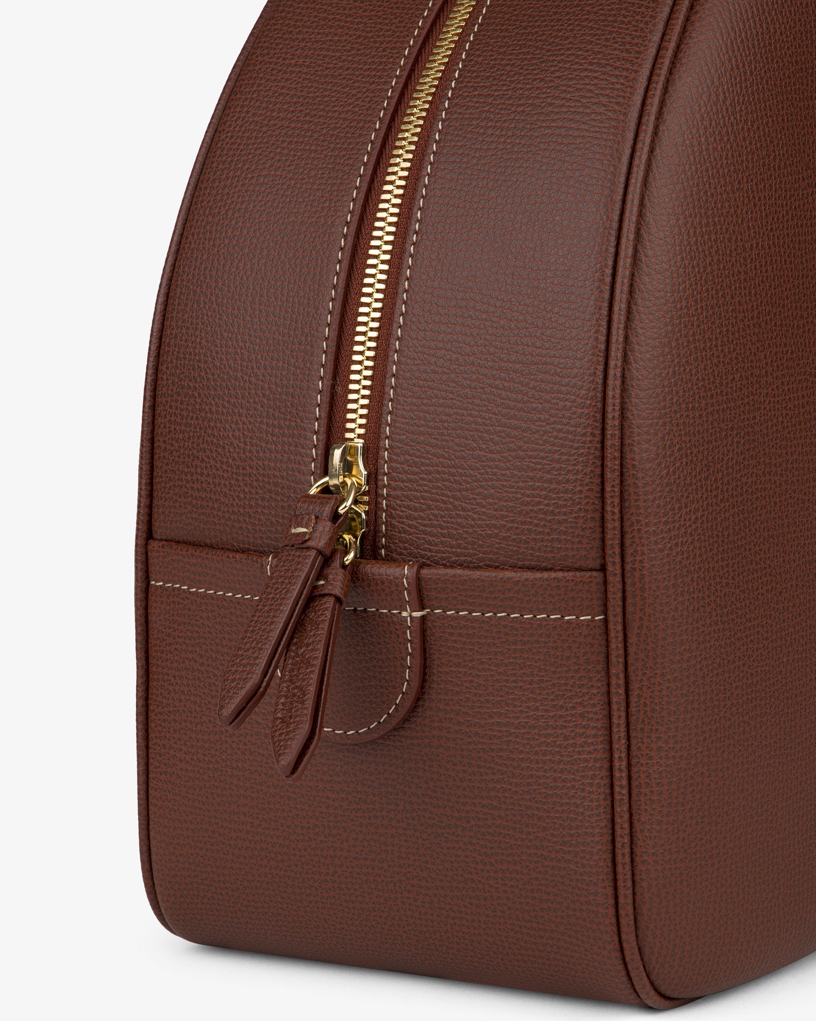 Close-up of the Full Grain Leather Crescent Shoulder Bag with gold zipper, white stitching, dual pulls, and front pocket.