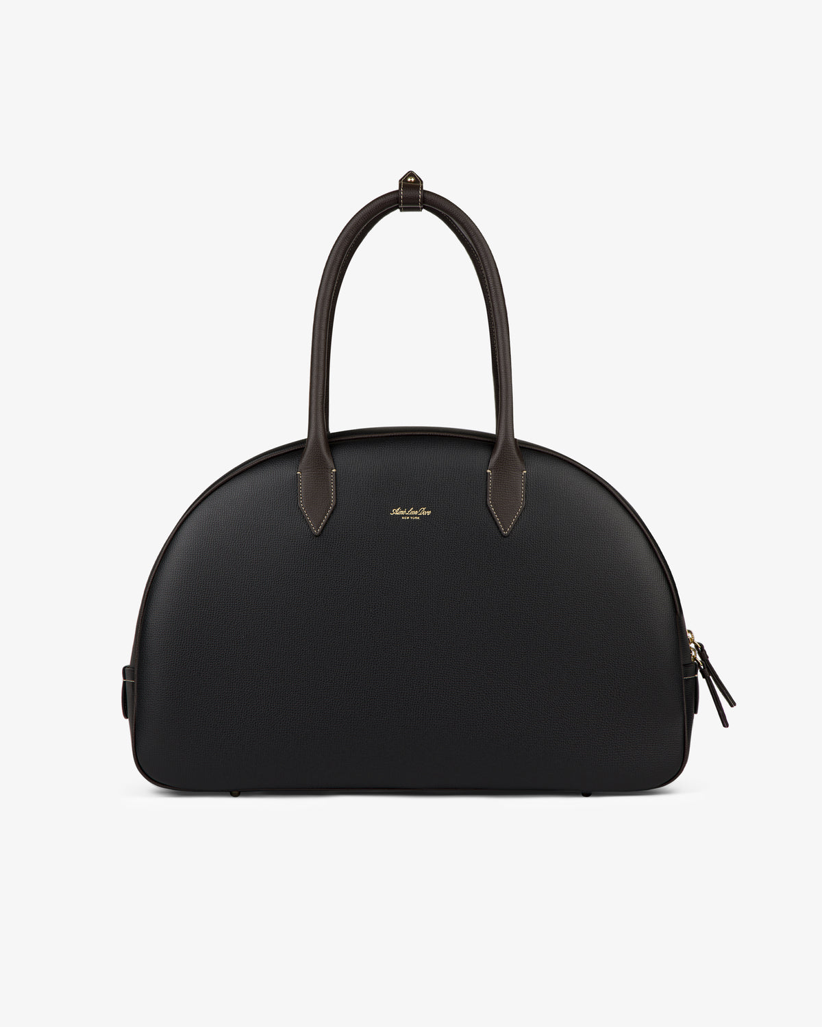 Full Grain Leather Crescent Shoulder Bag in black with curved top, structured shape, two handles, and gold center logo.