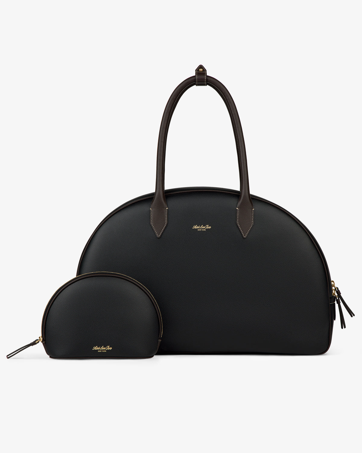 Two Full Grain Leather Crescent Shoulder Bags, one large and one small, black with gold zippers on a white background.
