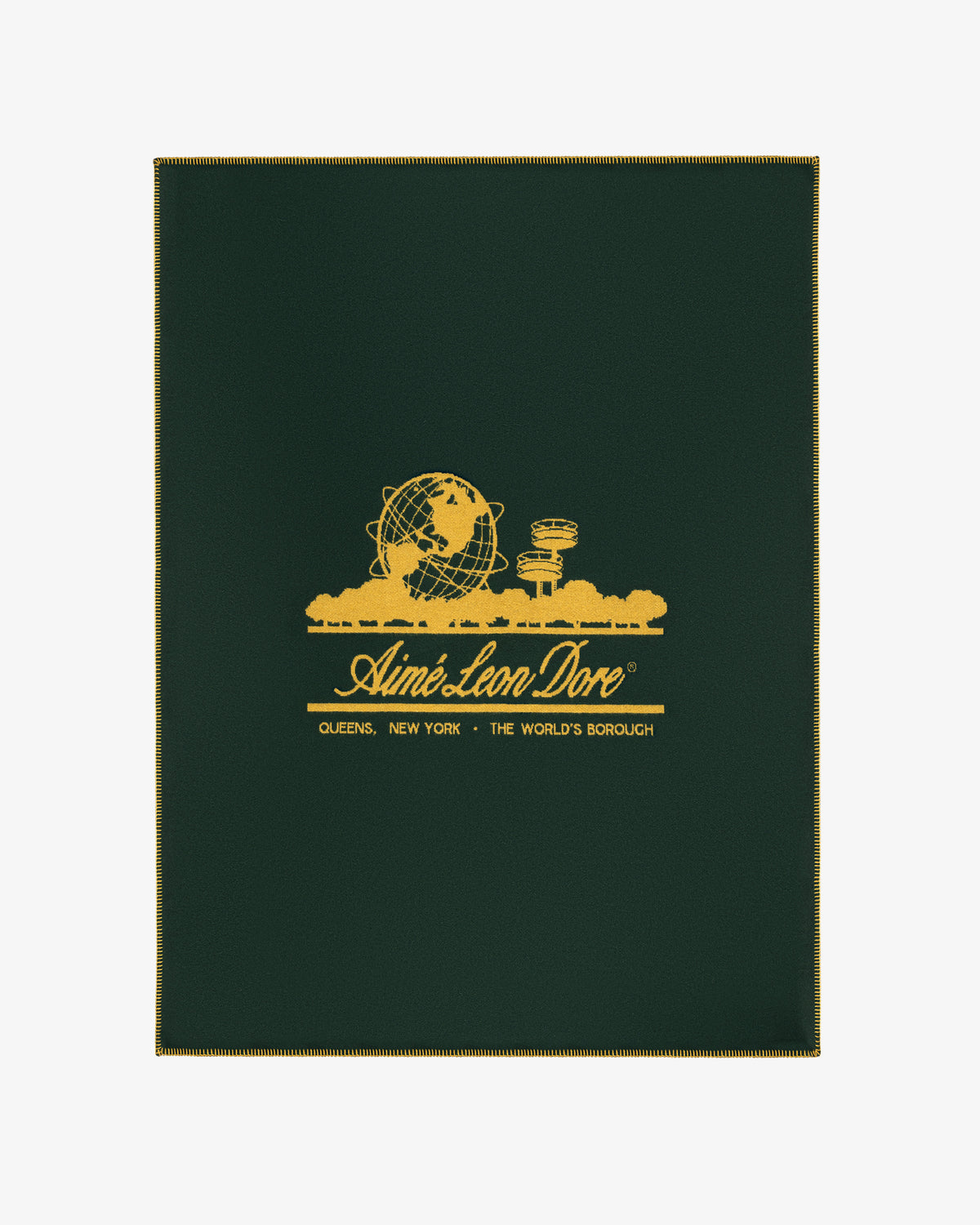 Unisphere Wool Blanket in dark green with gold Unisphere, buildings, and Aimé Leon Dore branding with location details.