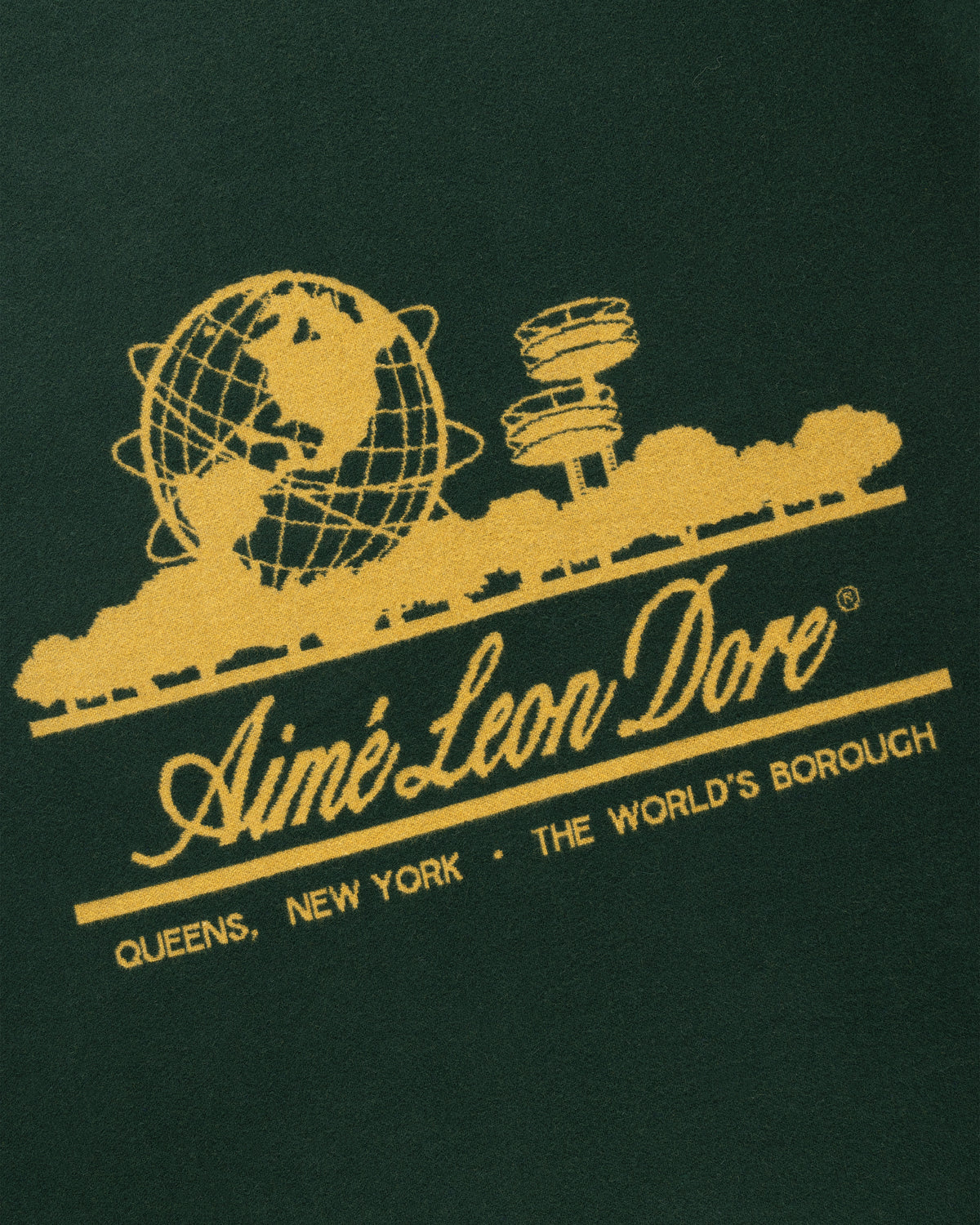 Unisphere Wool Blanket with yellow Aimé Leon Dore logo, globe, trees; reads "Queens, New York – The World's Borough.