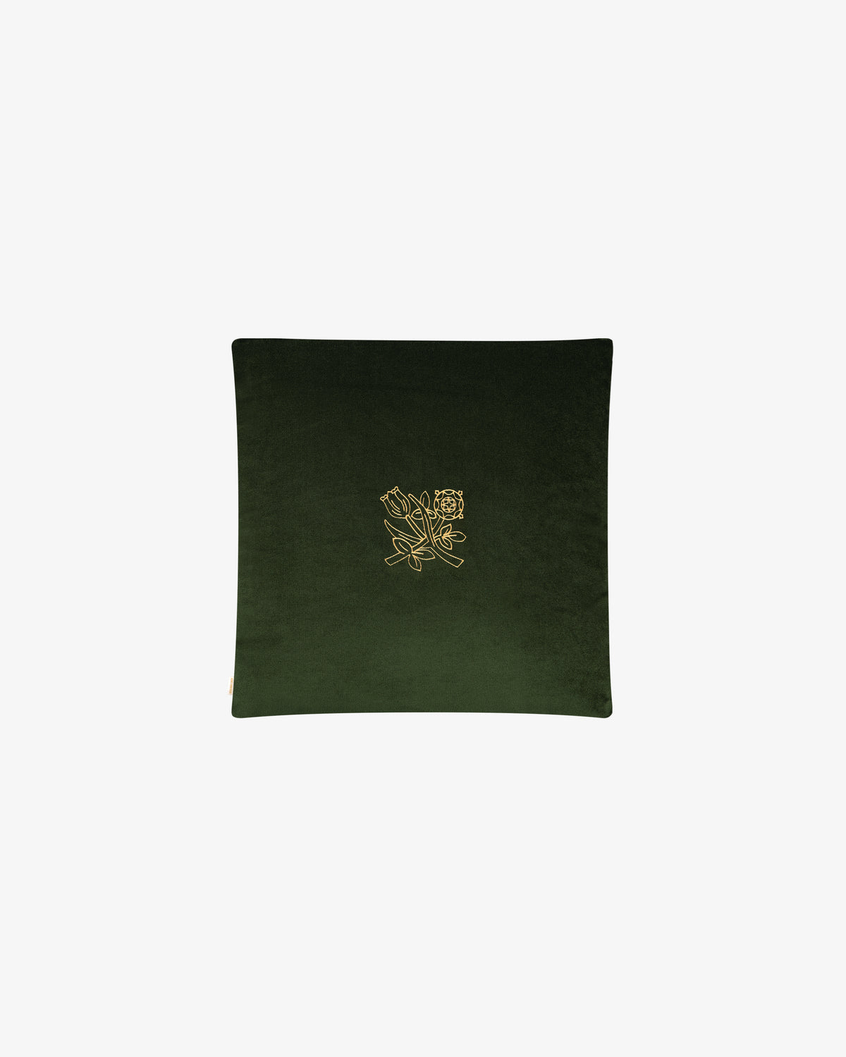 Queens Crest Throw Pillow: square, dark green with central gold floral embroidery, shown on a white background.