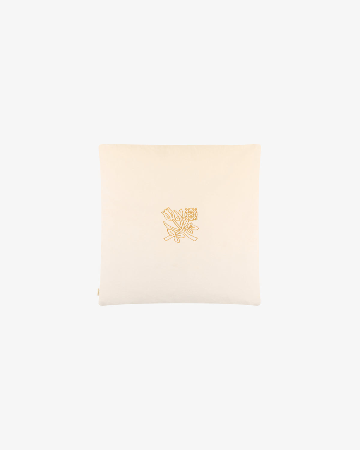 The Queens Crest Throw Pillow is cream-colored with a yellow embroidered floral line drawing in the center.