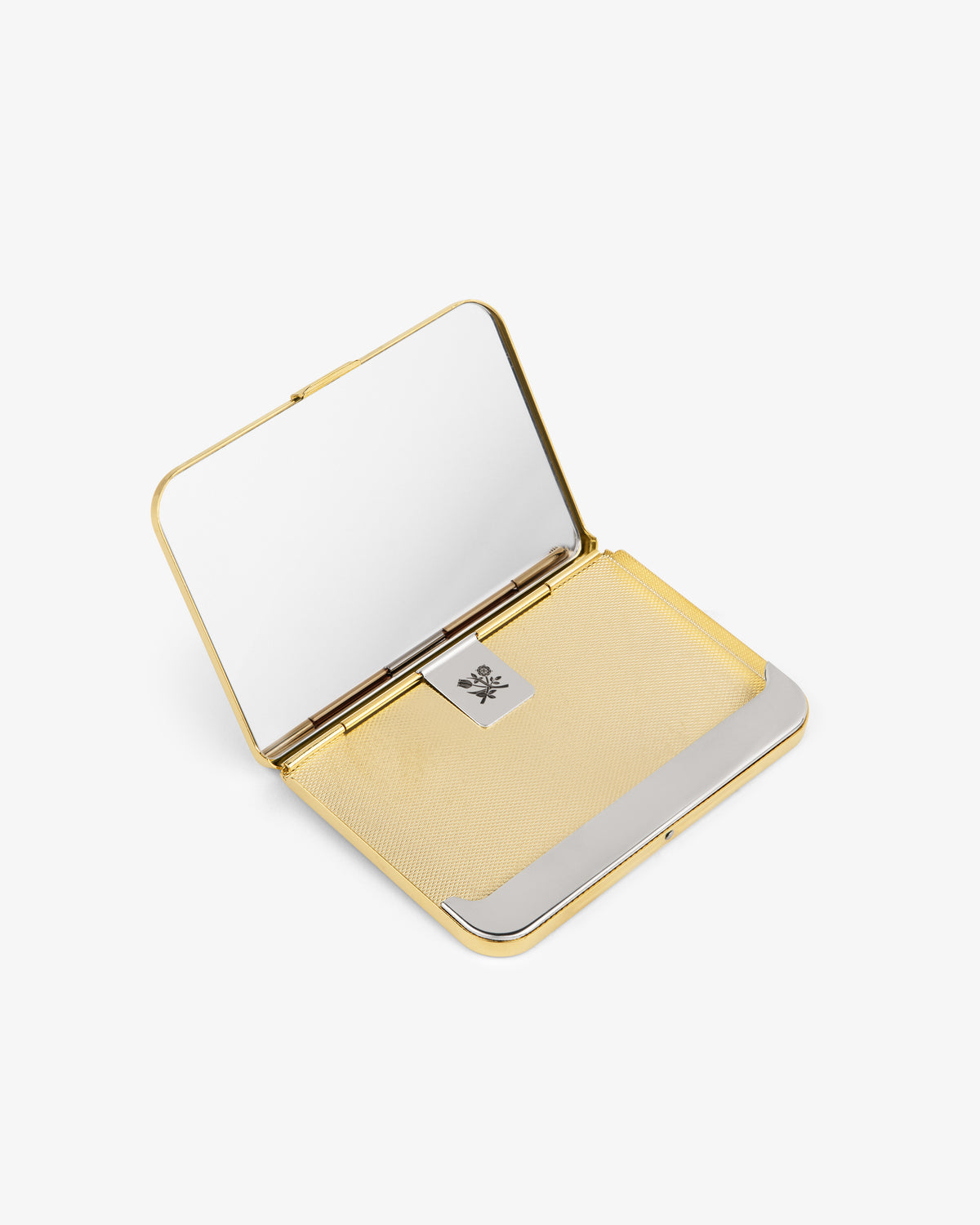 A brass rectangular card case, open with a mirror, displayed on a white background.
