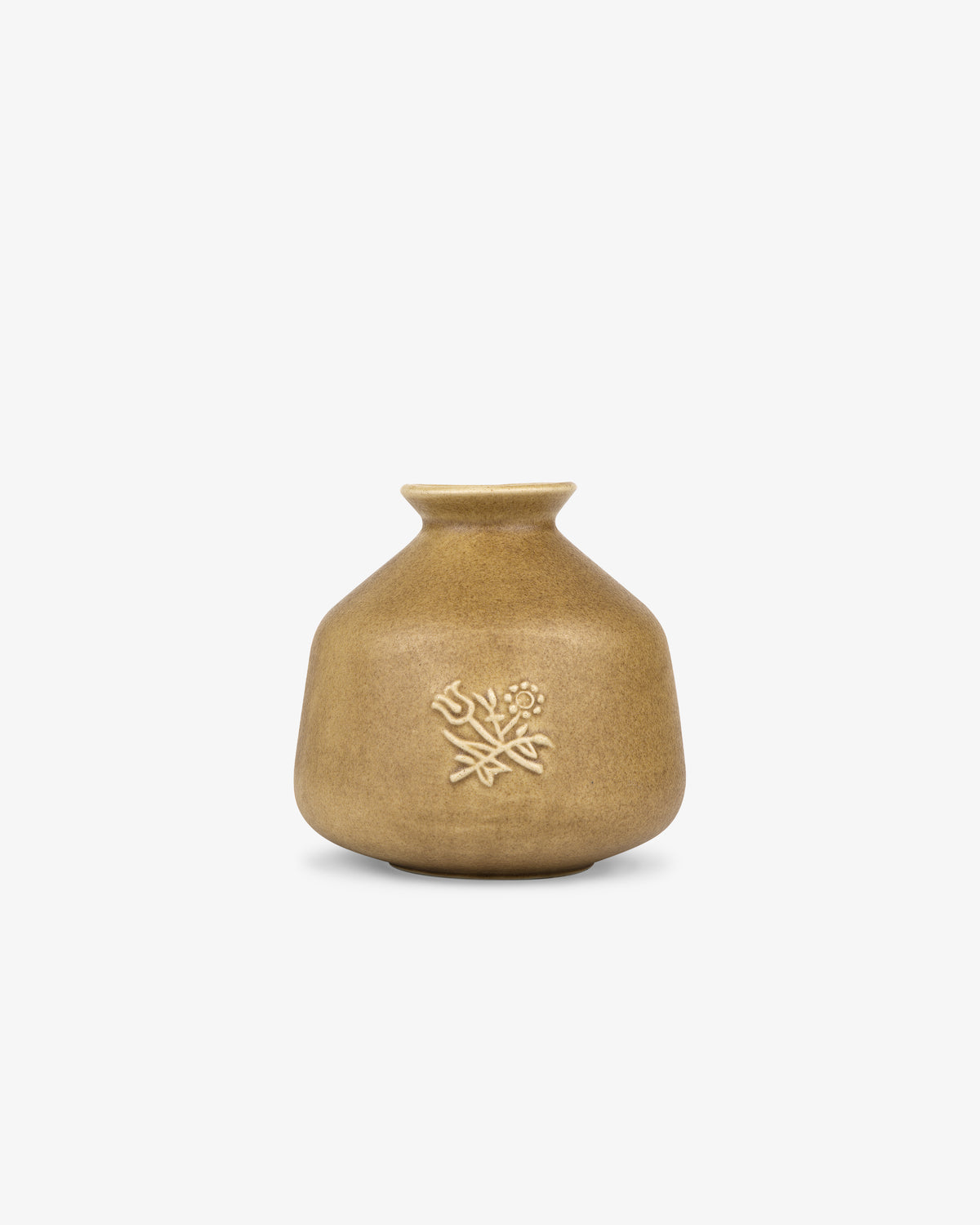 Queens Crest Artisanal Bud Vase—small matte brown ceramic with narrow neck, embossed floral design, on white background.
