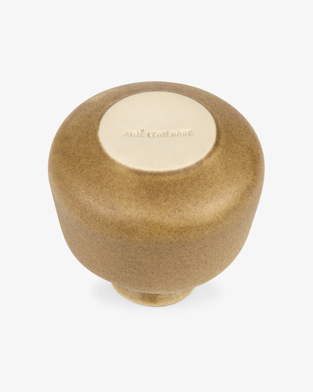 Queens Crest Artisanal Bud Vase with round brown ceramic knob, lighter center, and embossed text on top.