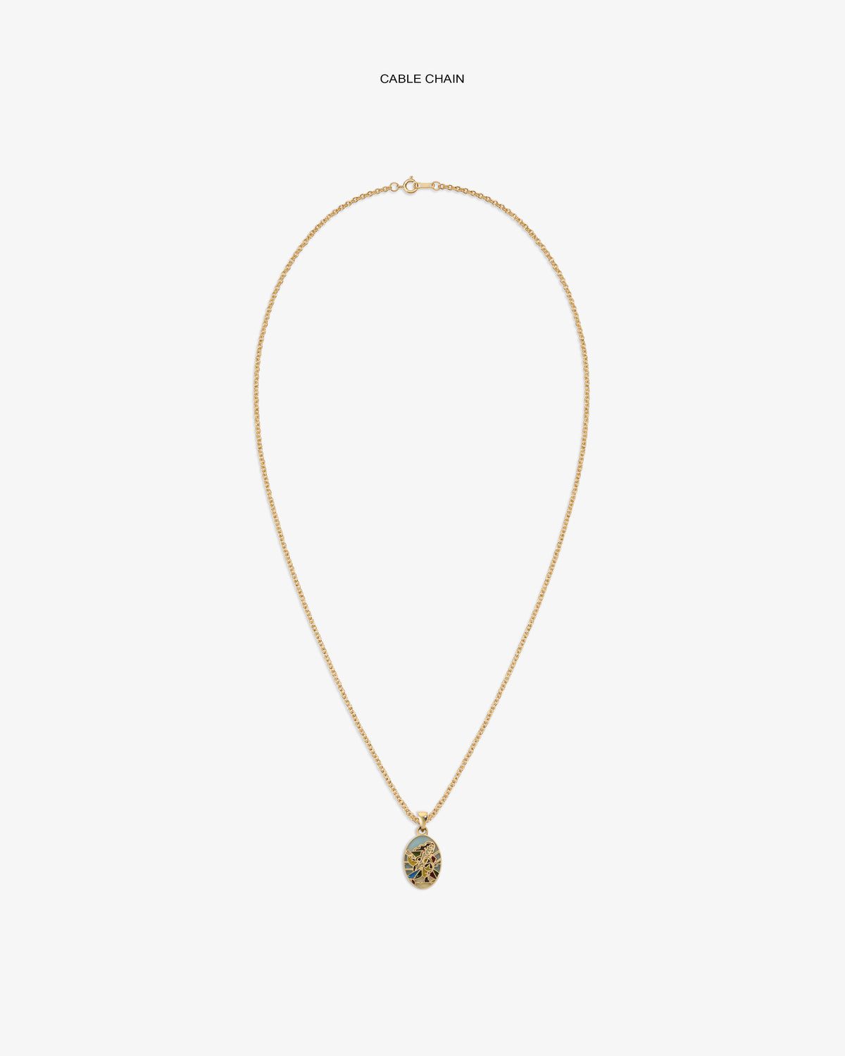 14Kt Gold Molina Pendant: gold cable chain necklace with round pendant and blue-gold tree design.