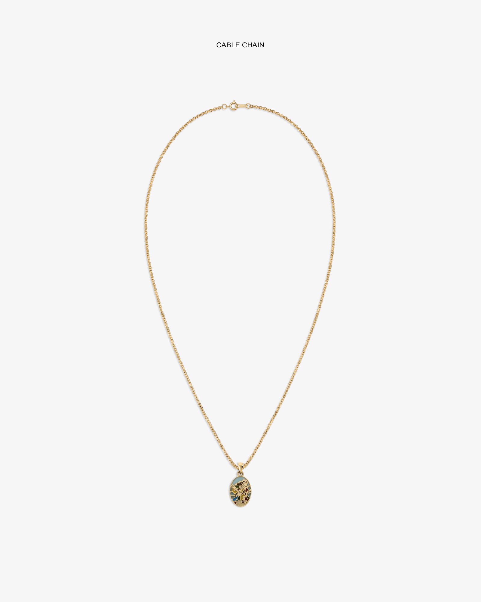 14Kt Gold Molina Pendant: gold cable chain necklace with round pendant and blue-gold tree design.