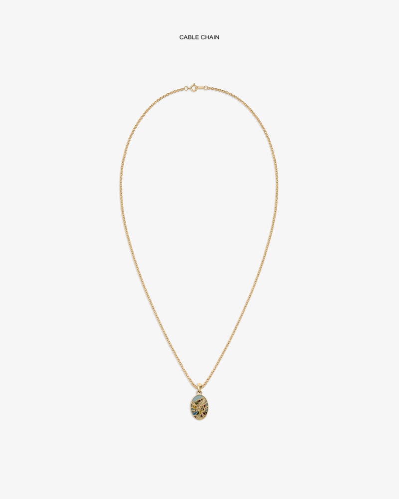 14Kt Gold Molina Pendant: gold cable chain necklace with round pendant and blue-gold tree design.