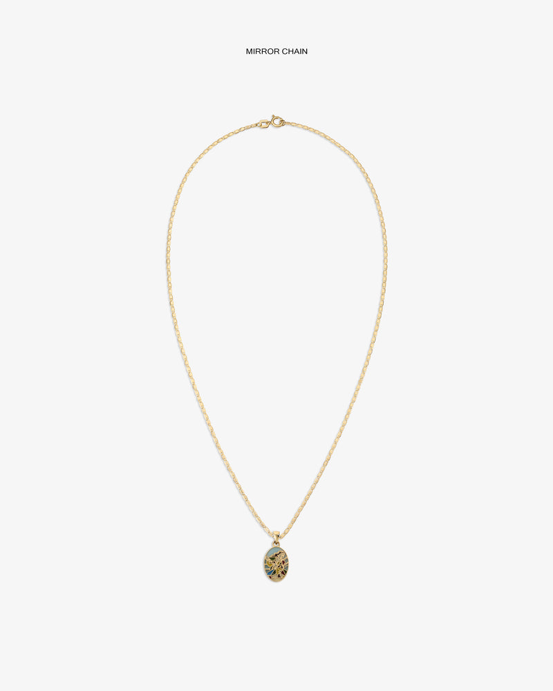 14Kt Gold Molina Pendant featuring a twisted chain and ornate oval charm, shown on a plain white background.