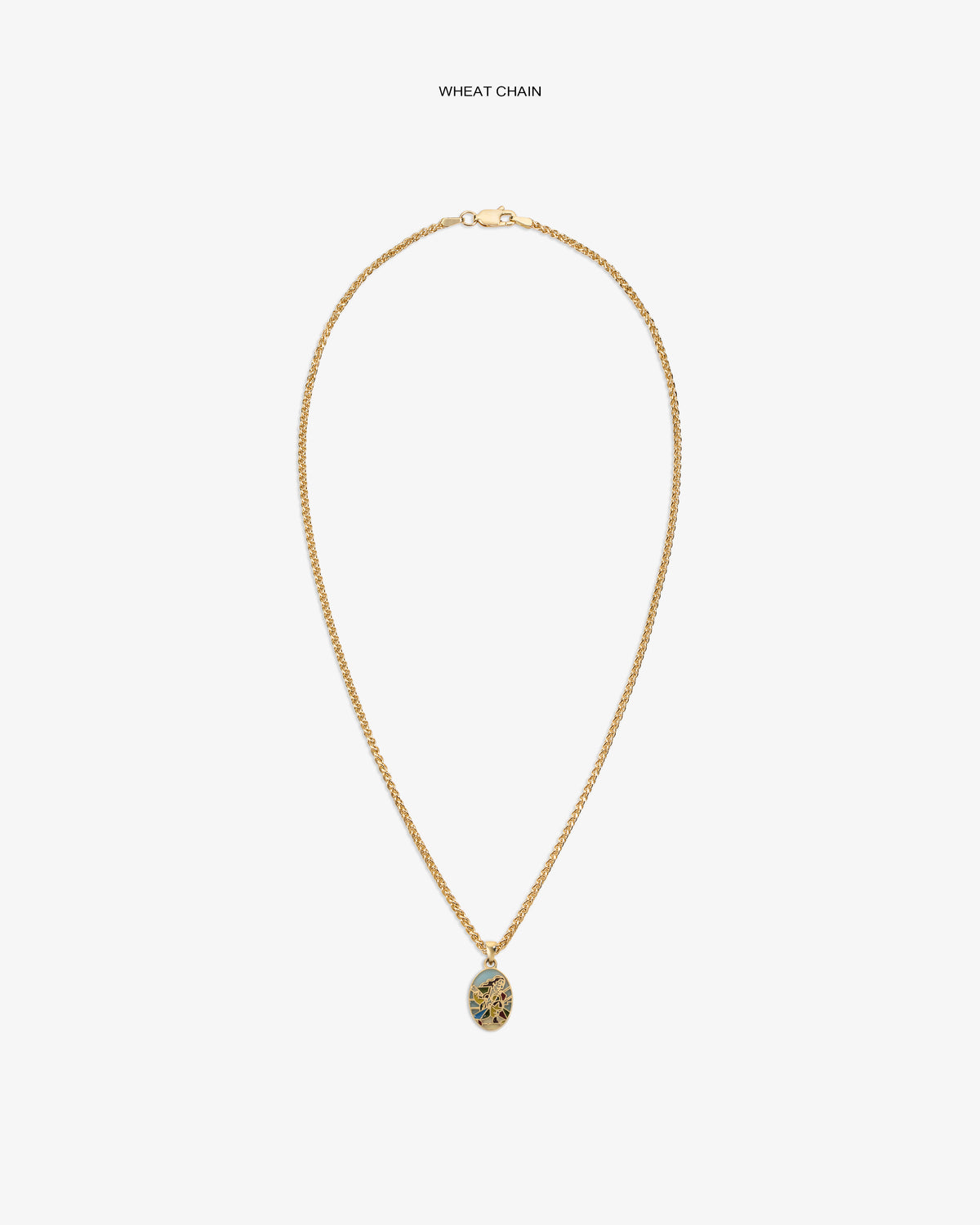 14Kt Gold Molina Pendant on a wheat chain with an intricate oval design, shown against a white background.