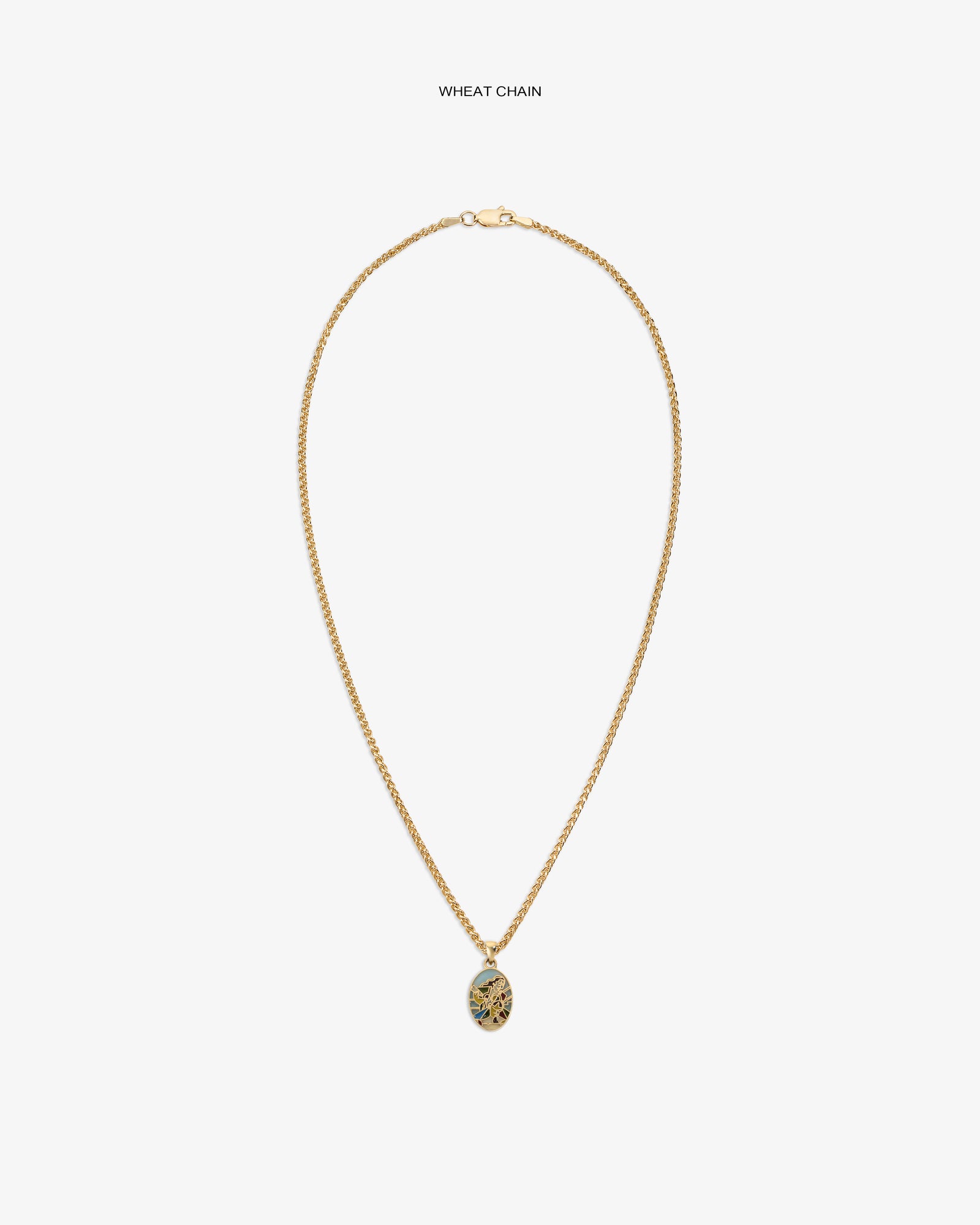 14Kt Gold Molina Pendant on a wheat chain with an intricate oval design, shown against a white background.