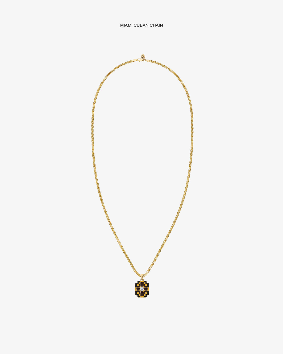 Diamond Mosaic Pendant gold Miami Cuban chain necklace, shown on a plain white background.