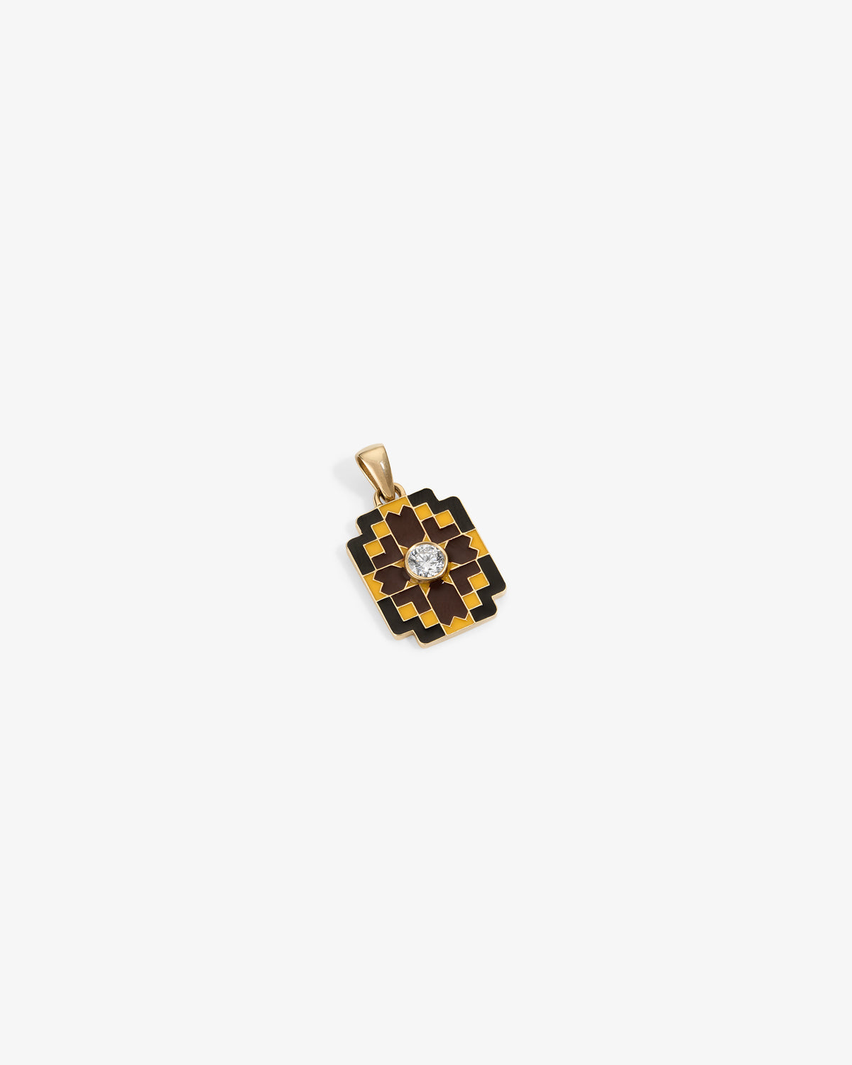Diamond Mosaic Pendant in gold and black with a central clear stone, shown on a white background.