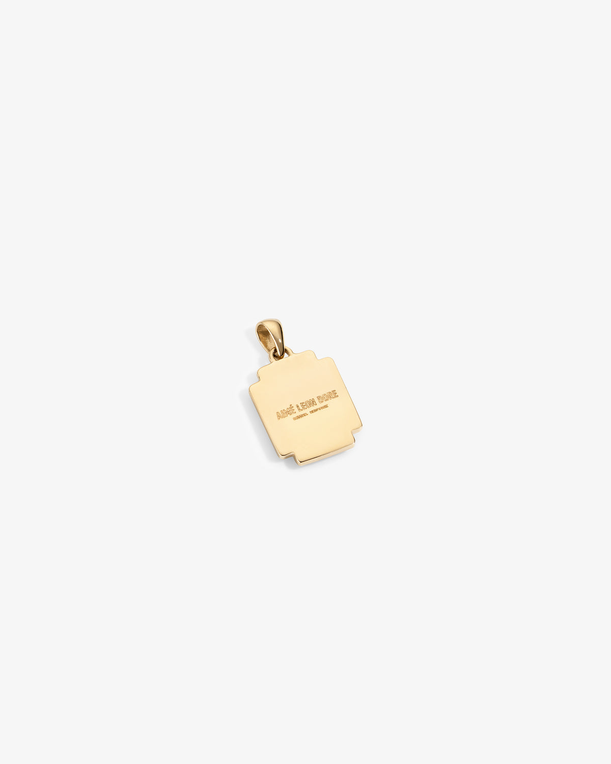 Diamond Mosaic Pendant with a gold rectangular shape, stepped edges, and engraved text on a white background.