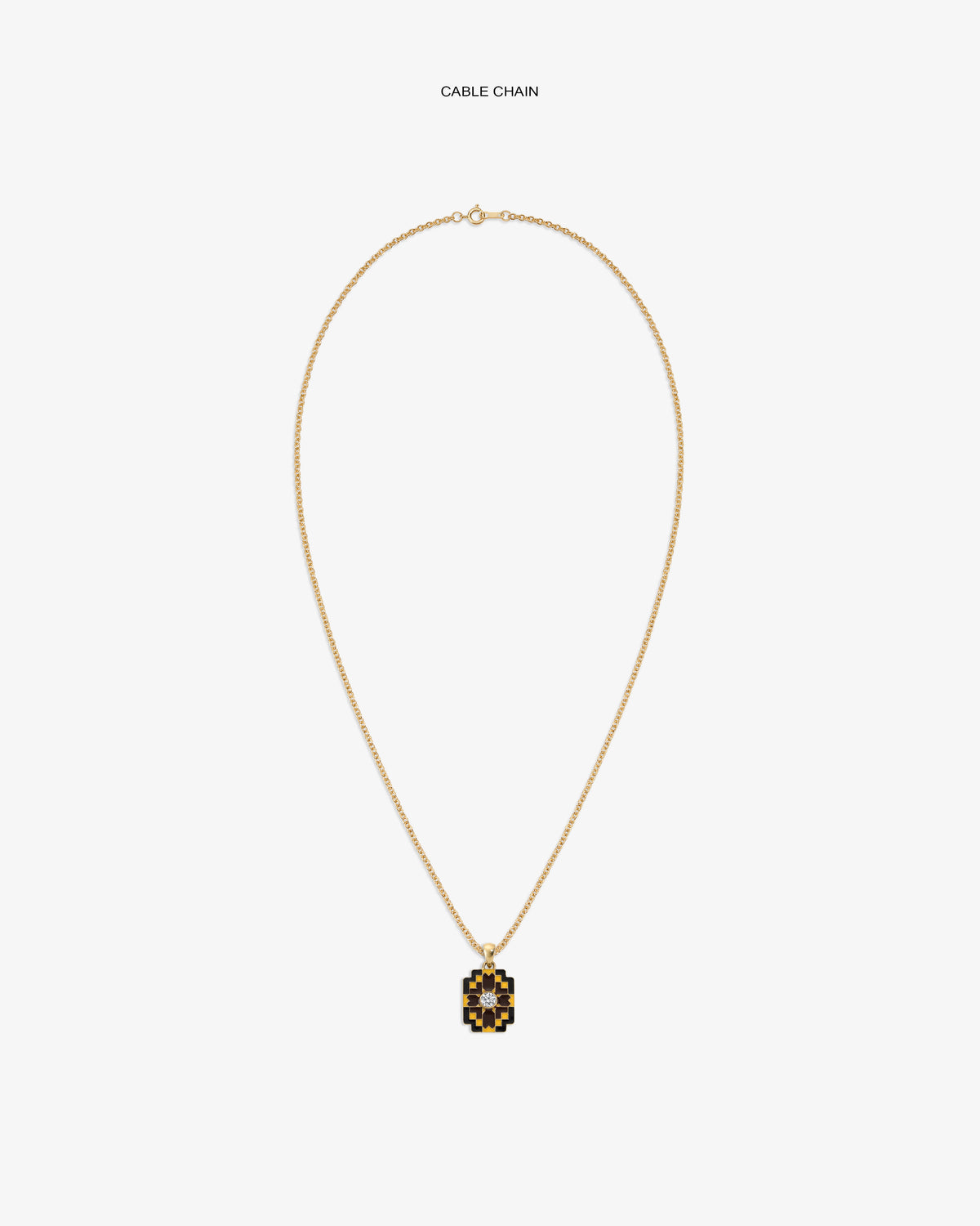 Diamond Mosaic Pendant on a gold cable chain, featuring black and gold, displayed against a white background.
