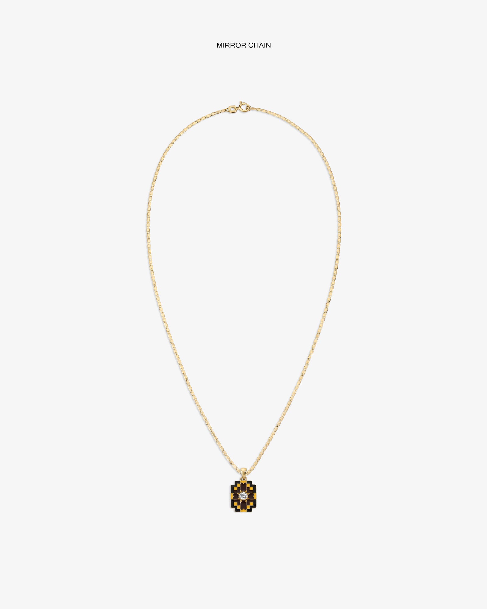 Diamond Mosaic Pendant: a gold chain necklace with a geometric black and gold pendant on white background.