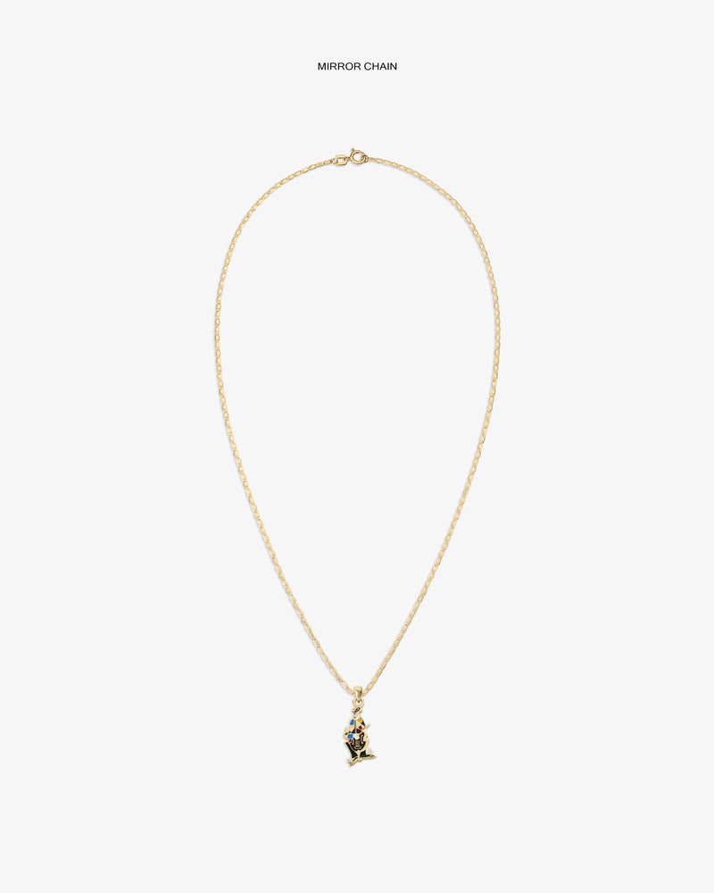 14Kt Gold Musician Pendant necklace on a plain white background with pendant centered on gold chain.