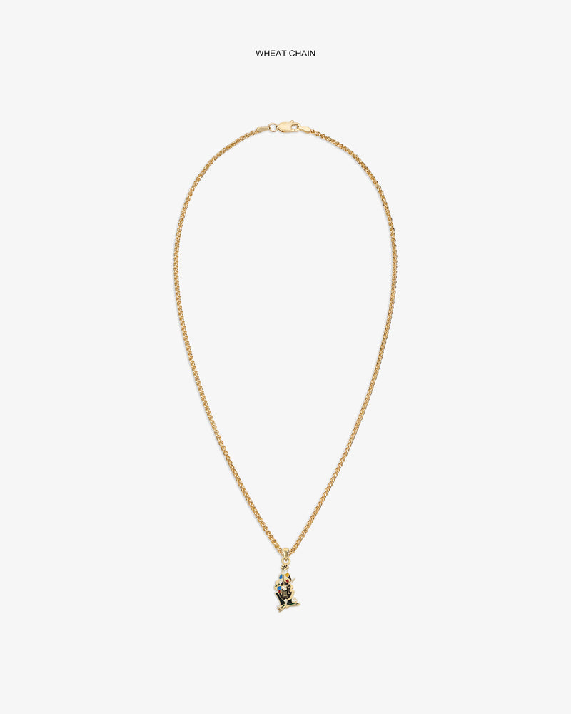 14Kt Gold Musician Pendant on a wheat chain, shown on a plain white background.