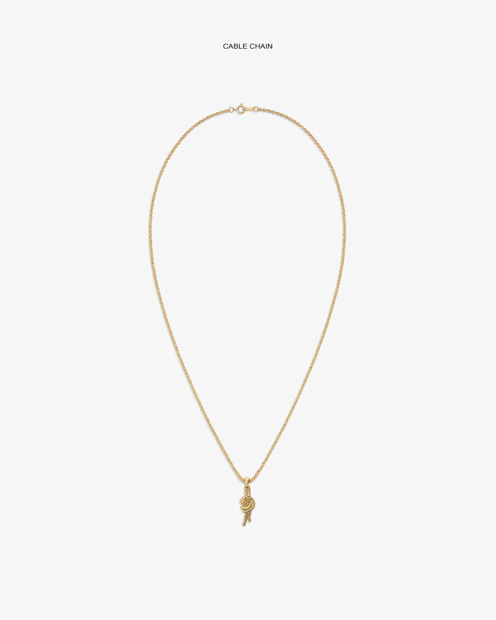 14Kt gold cable chain necklace with a small nautical knot pendant, displayed on a white background.