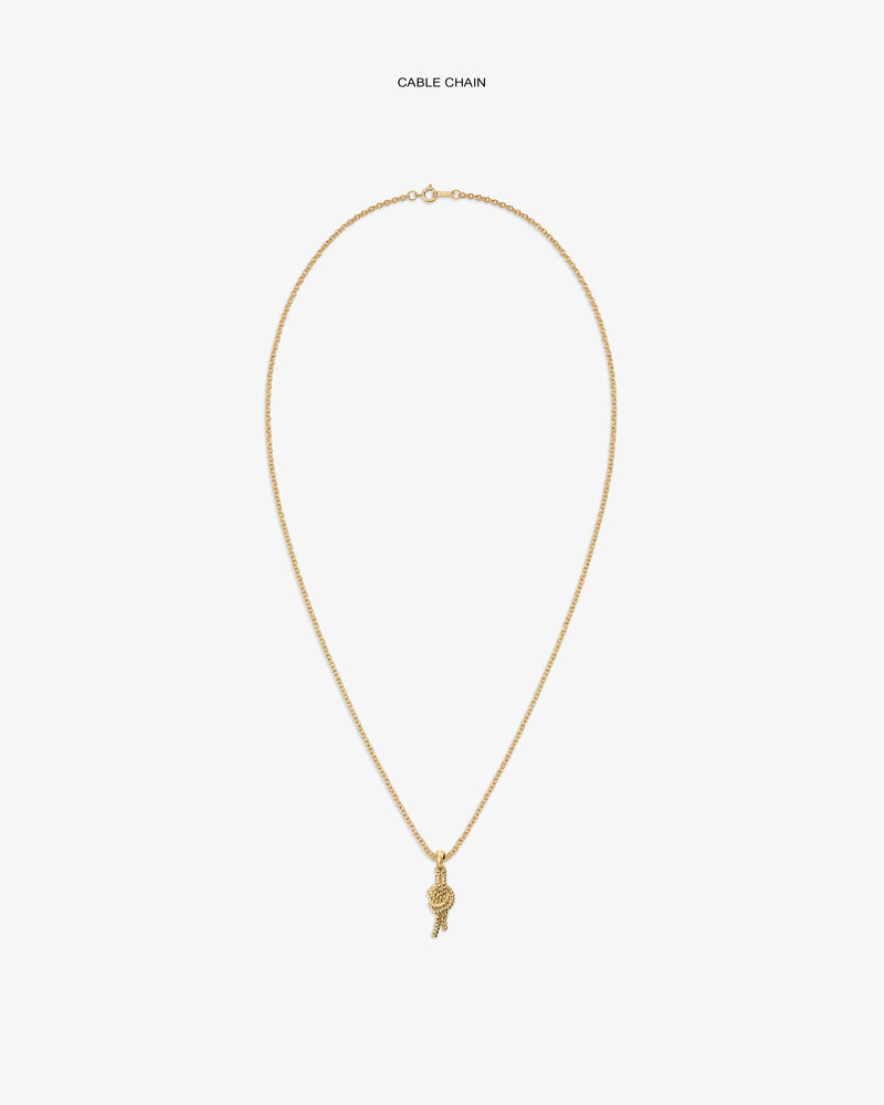 14Kt gold cable chain necklace with a small nautical knot pendant, displayed on a white background.