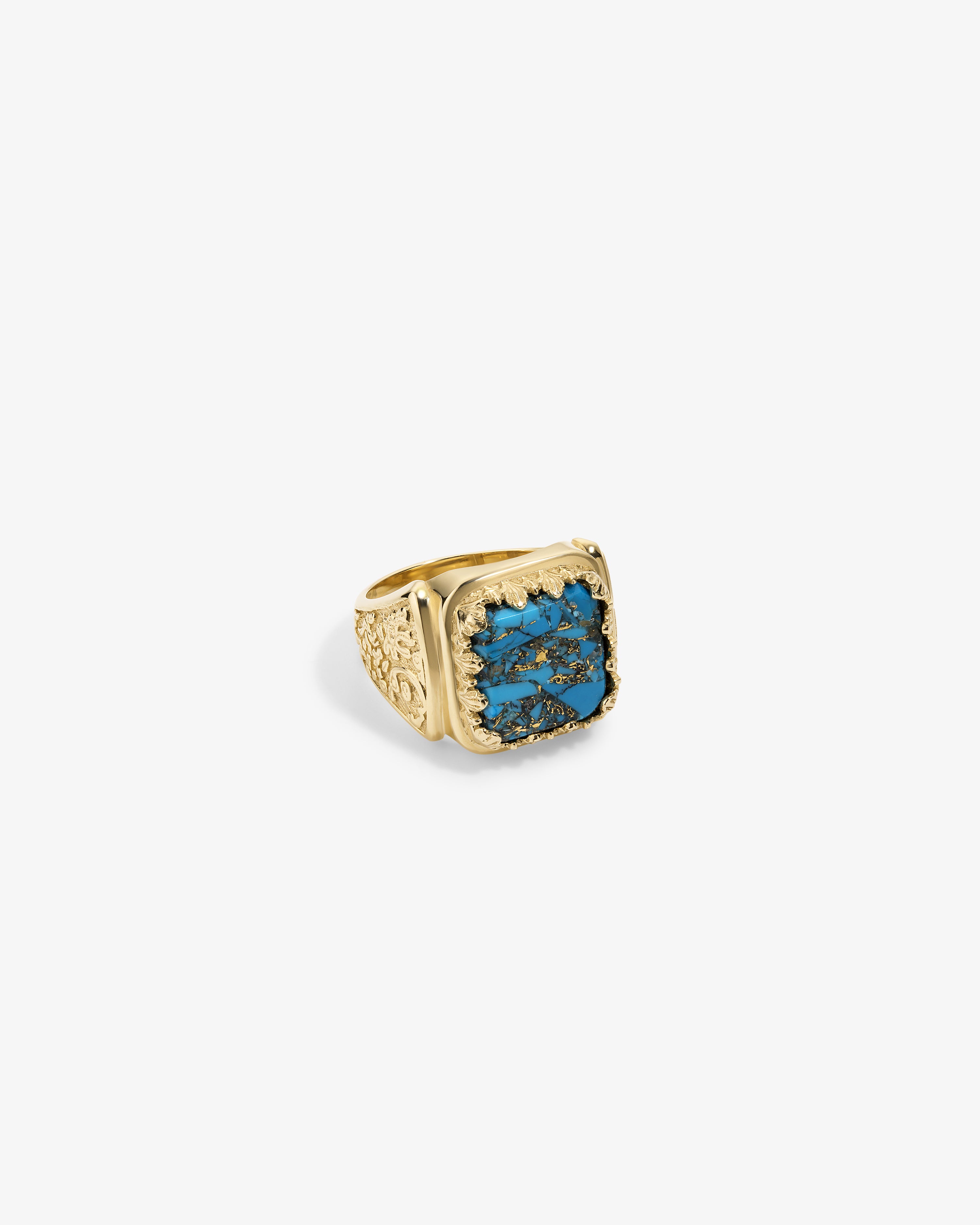 14Kt Gold Turquoise Inlay Ring with ornate detailing and a rectangular turquoise stone, shown on a white background.