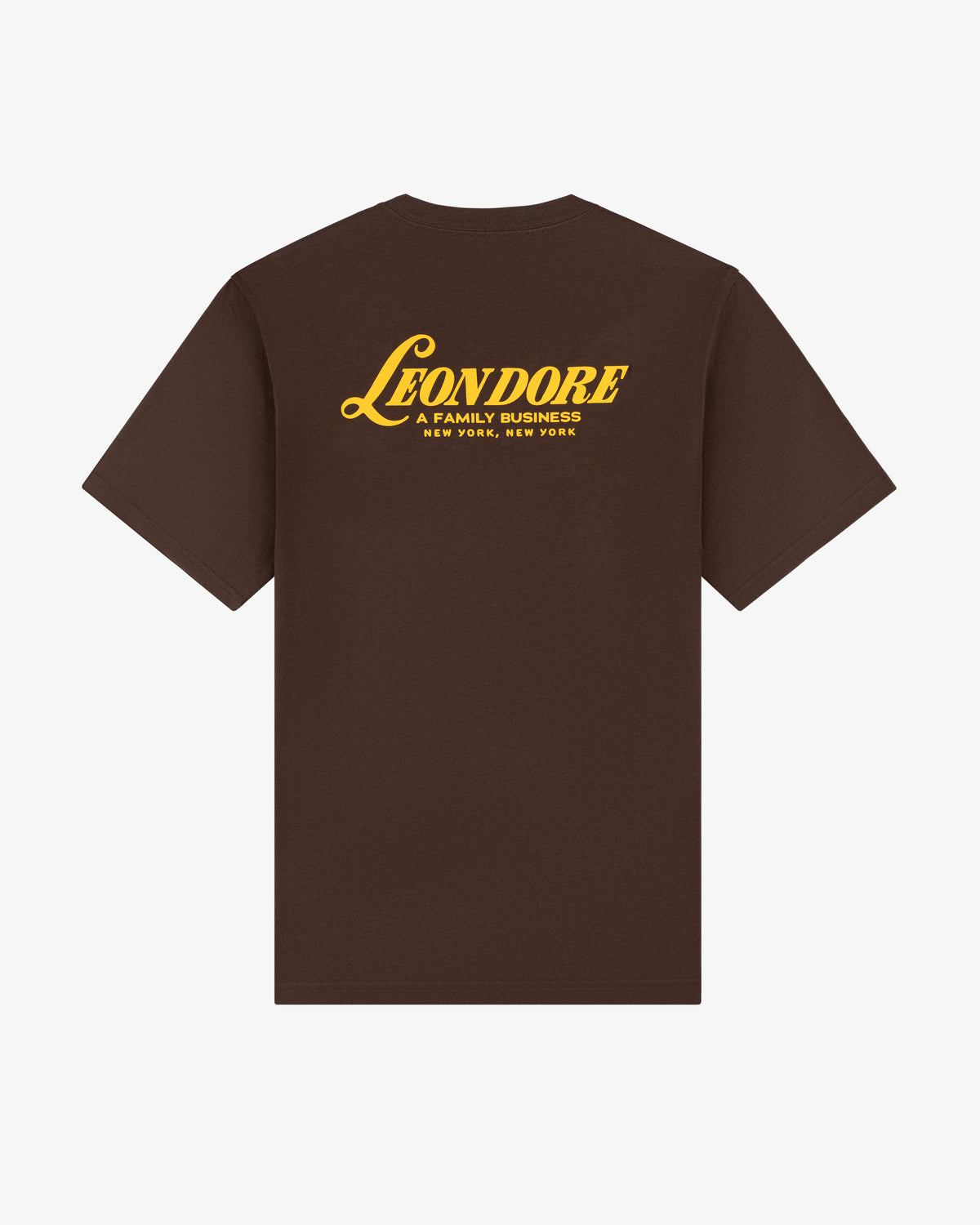 Brown Leon Dore Tee with yellow "A Family Business New York, New York" text on the back.