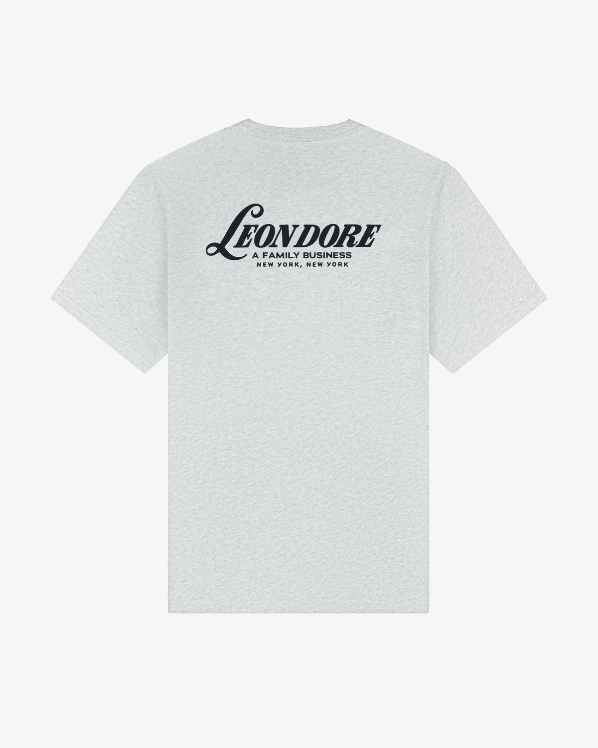 Light gray Leon Dore Tee with "A FAMILY BUSINESS NEW YORK, NEW YORK" printed in black on the upper back.