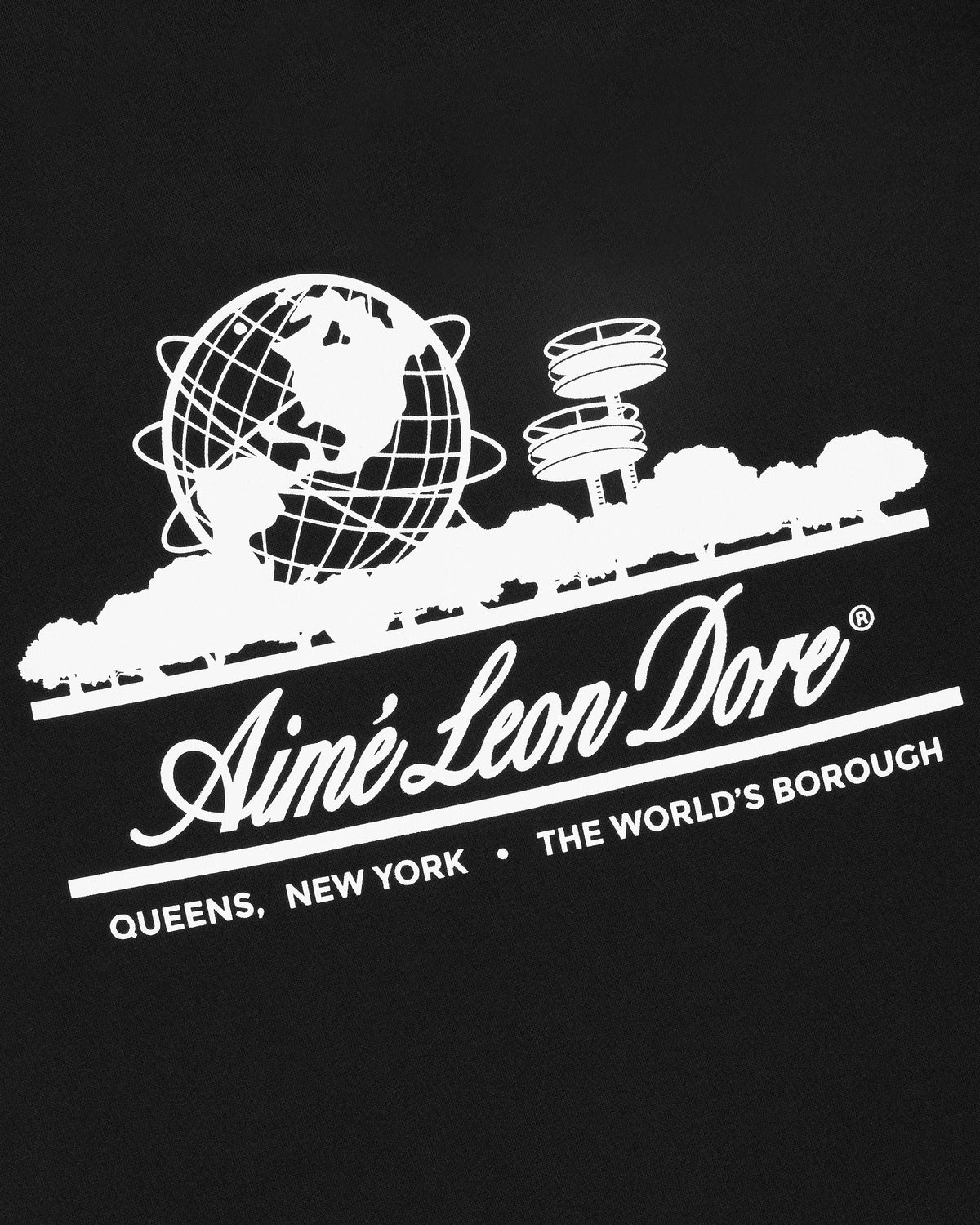 White Unisphere globe graphic tee with trees, Aimé Leon Dore text, and Queens, New York, The World's Borough.