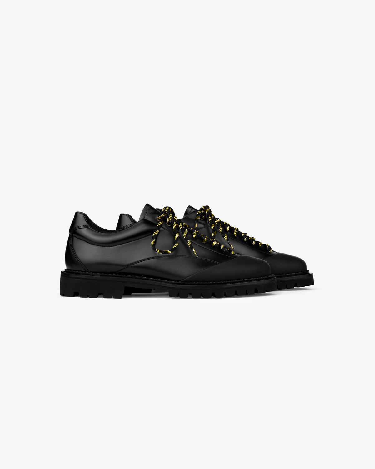 A pair of Leather Derby Hiker shoes with thick yellow-and-black striped laces on a white background.