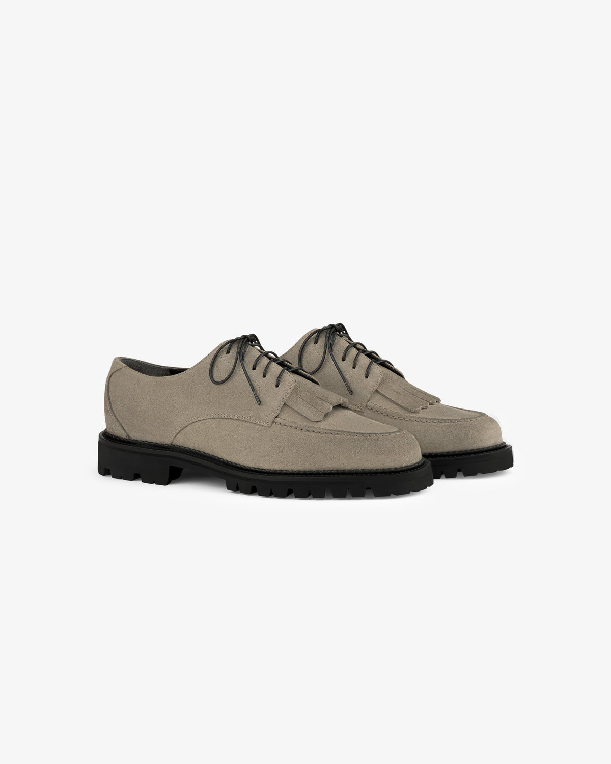 Suede Lug Sole Derby in taupe with black soles and laces, shown on a white background.