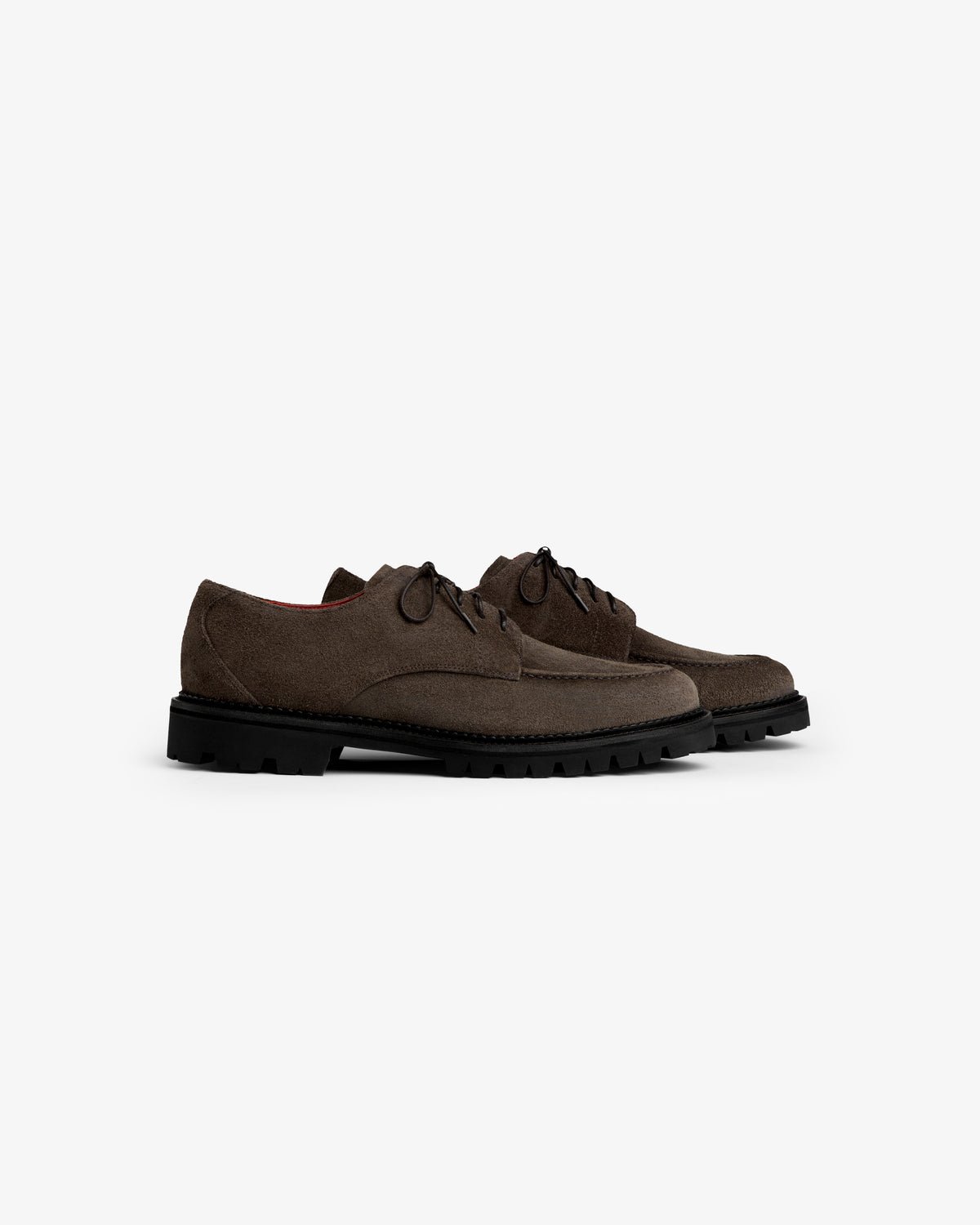Suede Lug Sole Derby shoes in dark brown suede with thick black lug soles.