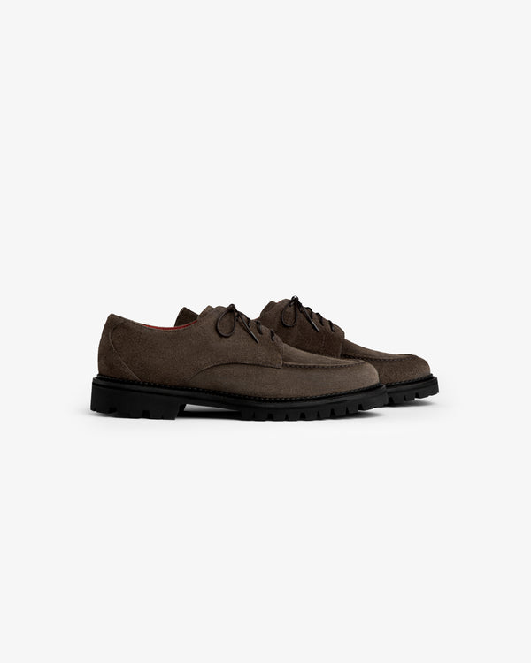 Suede Lug Sole Derby shoes in dark brown suede with thick black lug soles.