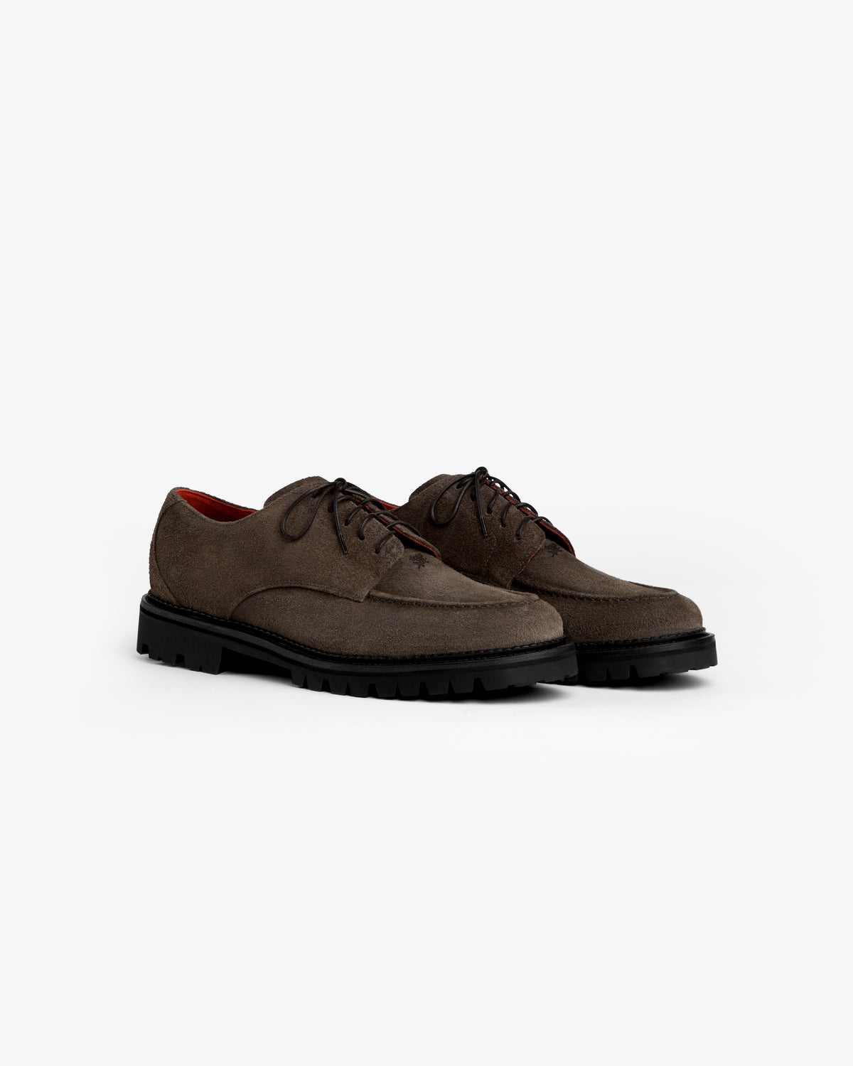 Suede Lug Sole Derby shoes in dark brown with black lug soles and dark laces.
