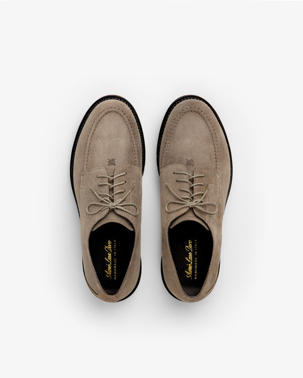 Top-down view of Suede Lug Sole Derby shoes in beige suede with lug soles and tonal laces.