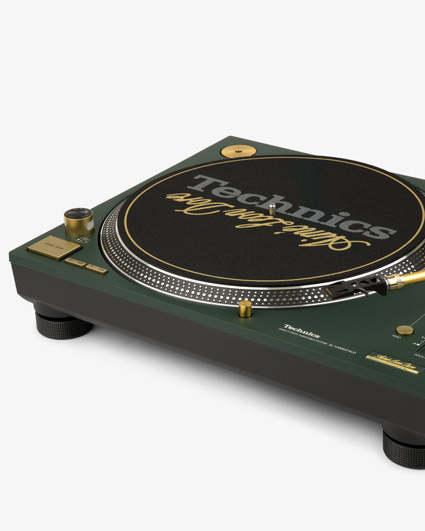A green ALD / Technics SL-1200M7ALD turntable with gold accents and “Golden Era” on the black slipmat.