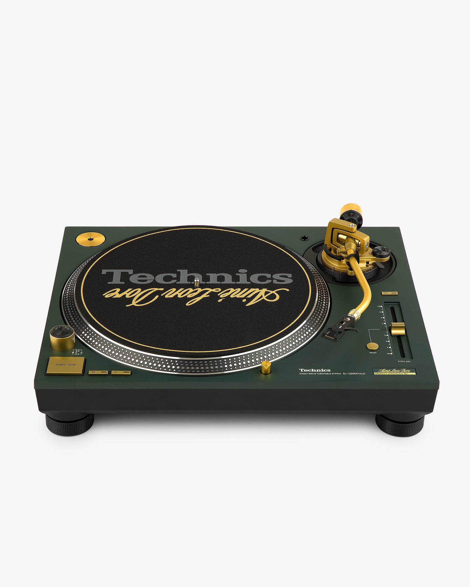 A green and gold ALD / Technics SL-1200M7ALD Turntable with Limited Edition on the slipmat and base.