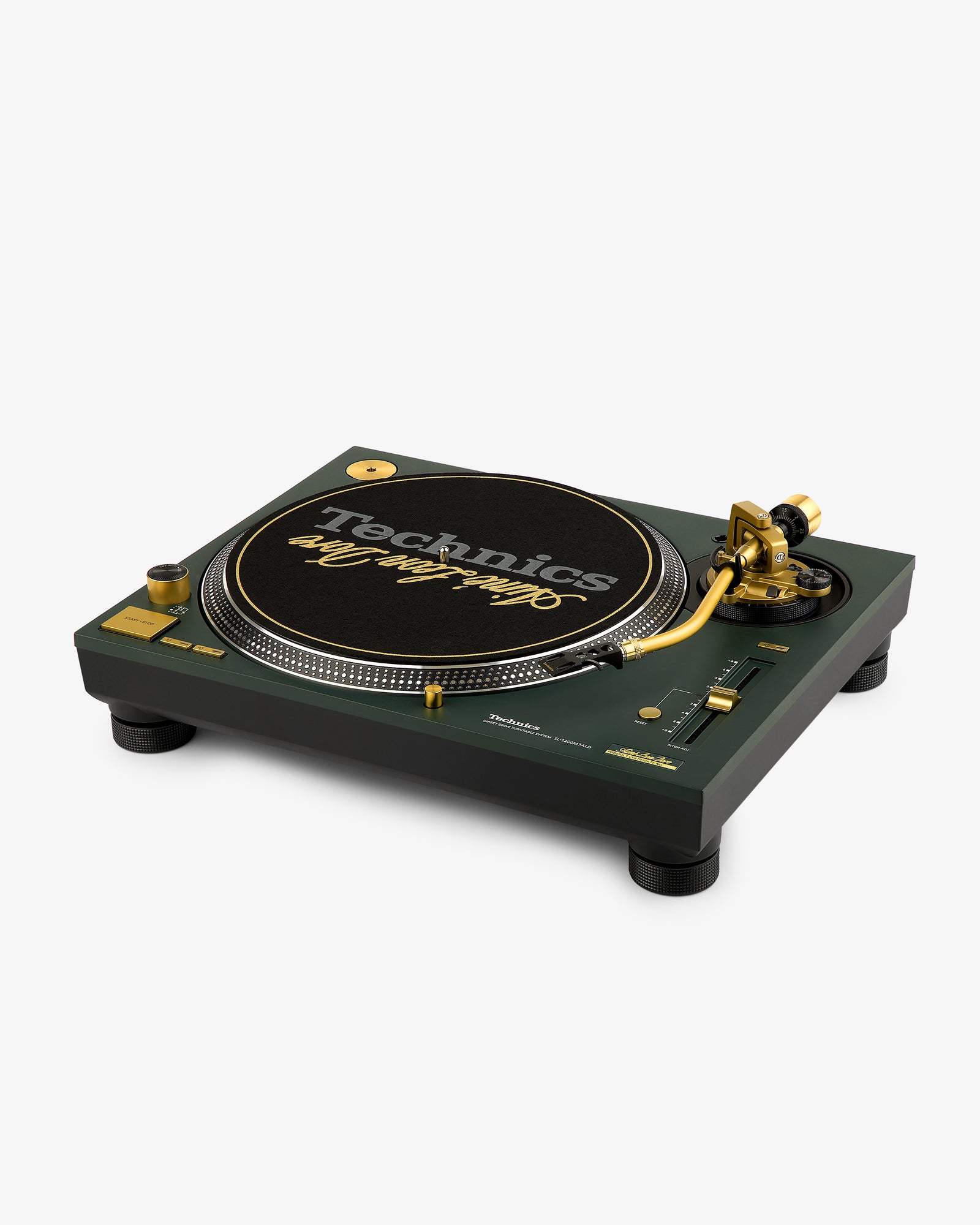 The ALD / Technics SL-1200M7ALD Turntable features gold accents and a black slipmat, shown front-facing on white.