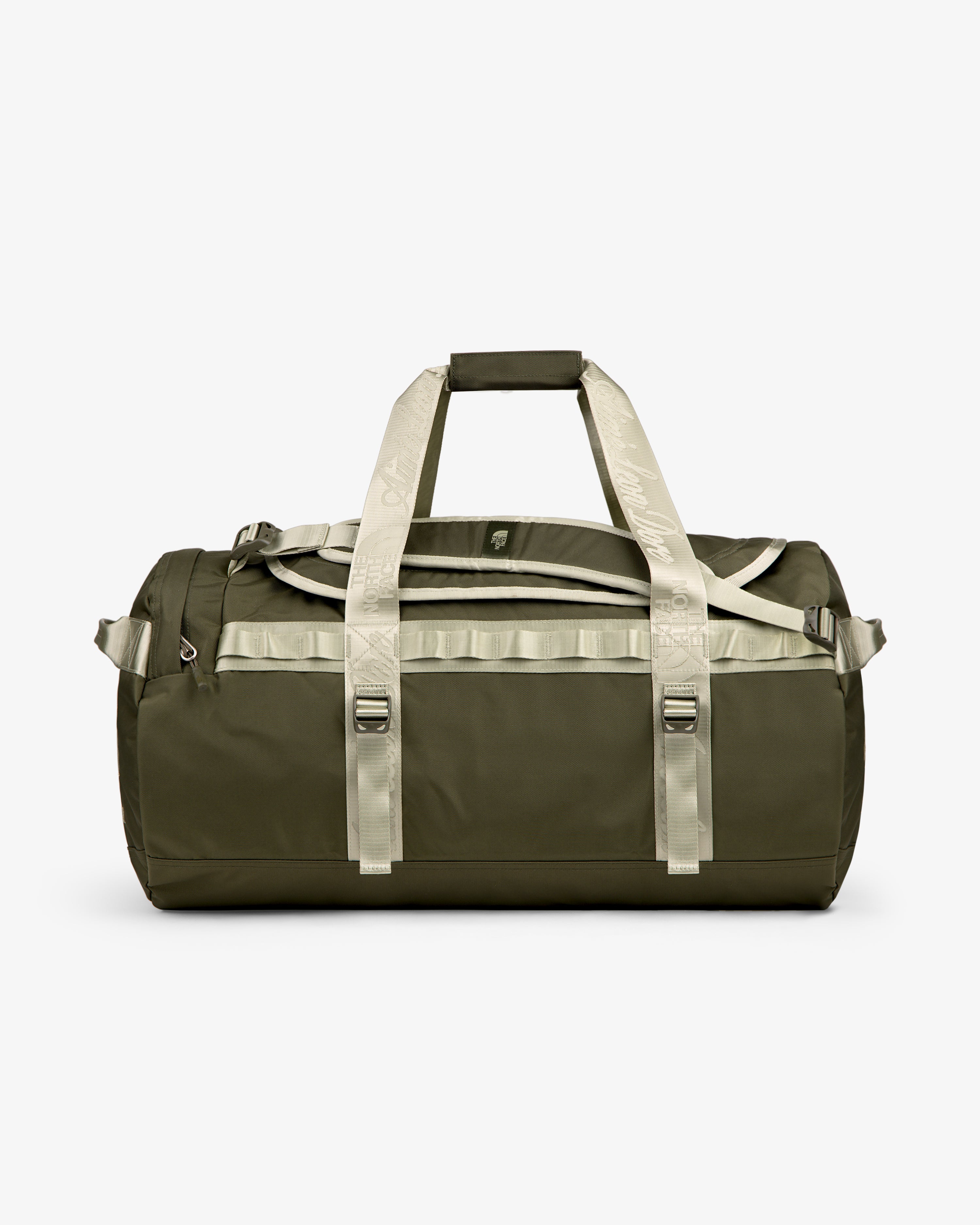 ALD / The North Face Base Camp Duffel in olive green with beige straps, shown on a plain white background.