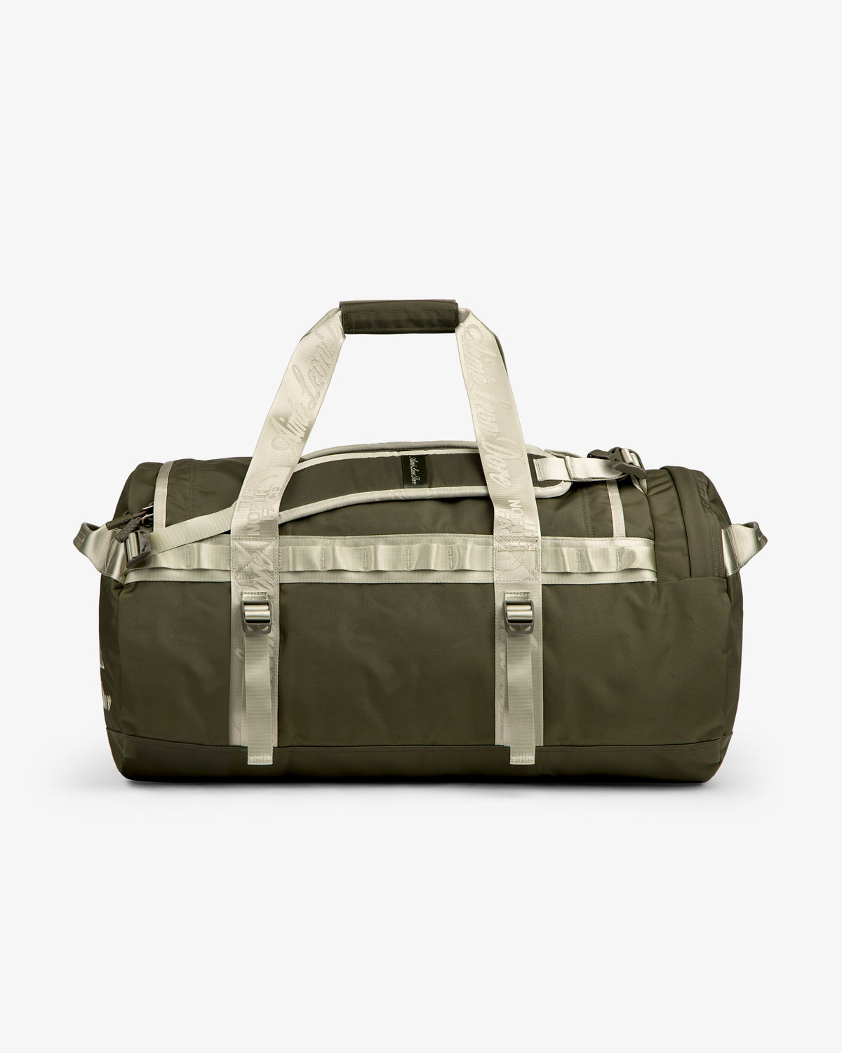 ALD / The North Face Base Camp Duffel in olive green with beige straps, side view on a white background.