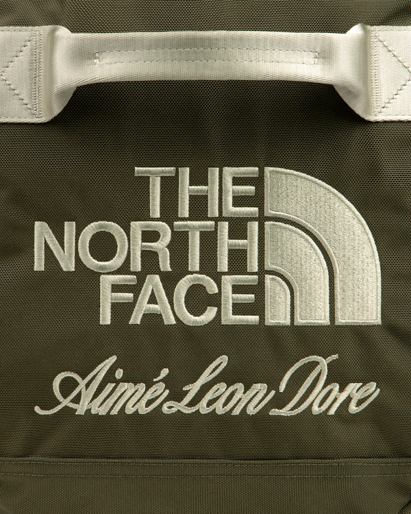 Olive green ALD / The North Face Base Camp Duffel with both brand names embroidered in white.