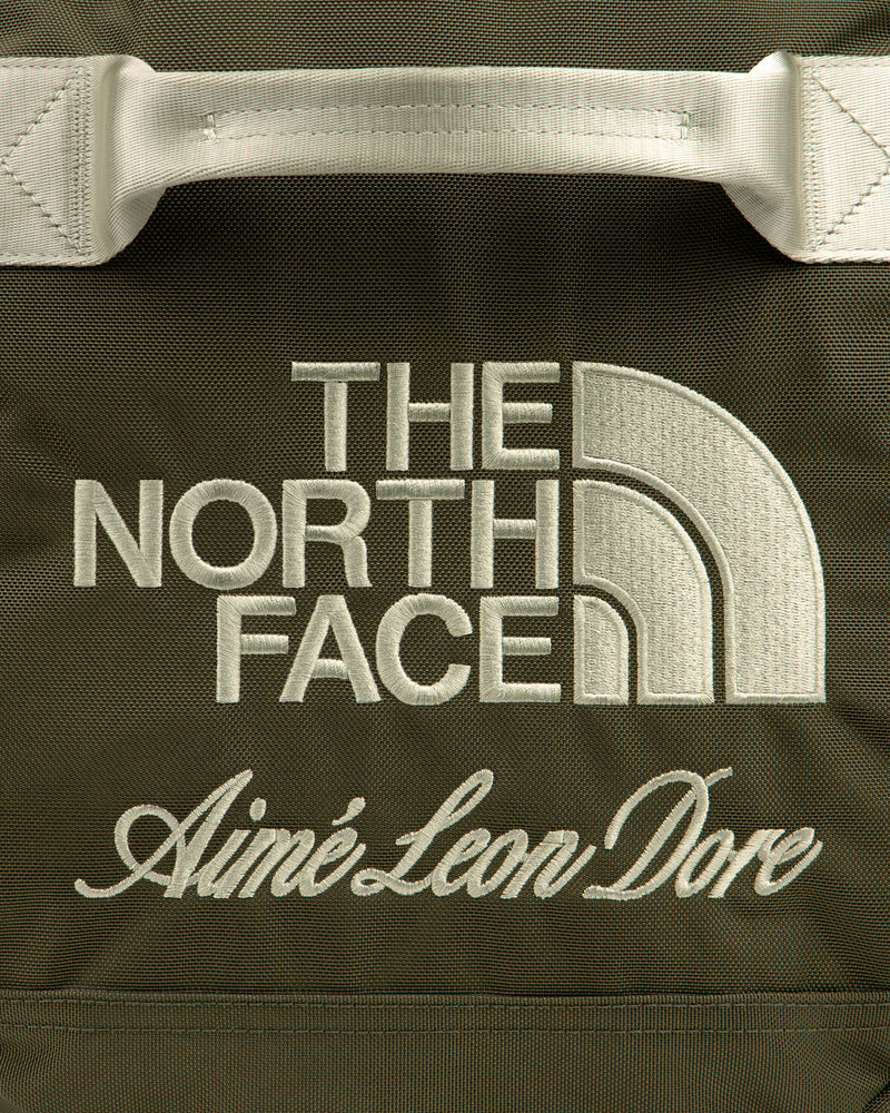 Olive green ALD / The North Face Base Camp Duffel with both brand names embroidered in white.