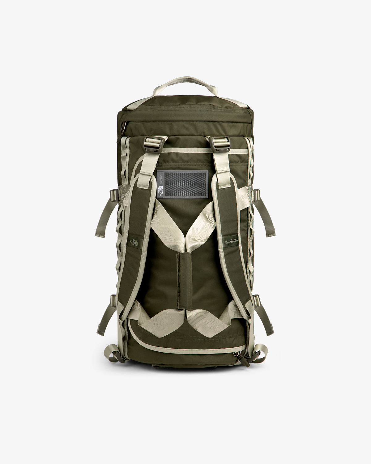 ALD / The North Face Base Camp Duffel in olive green and beige with padded straps and top handle.