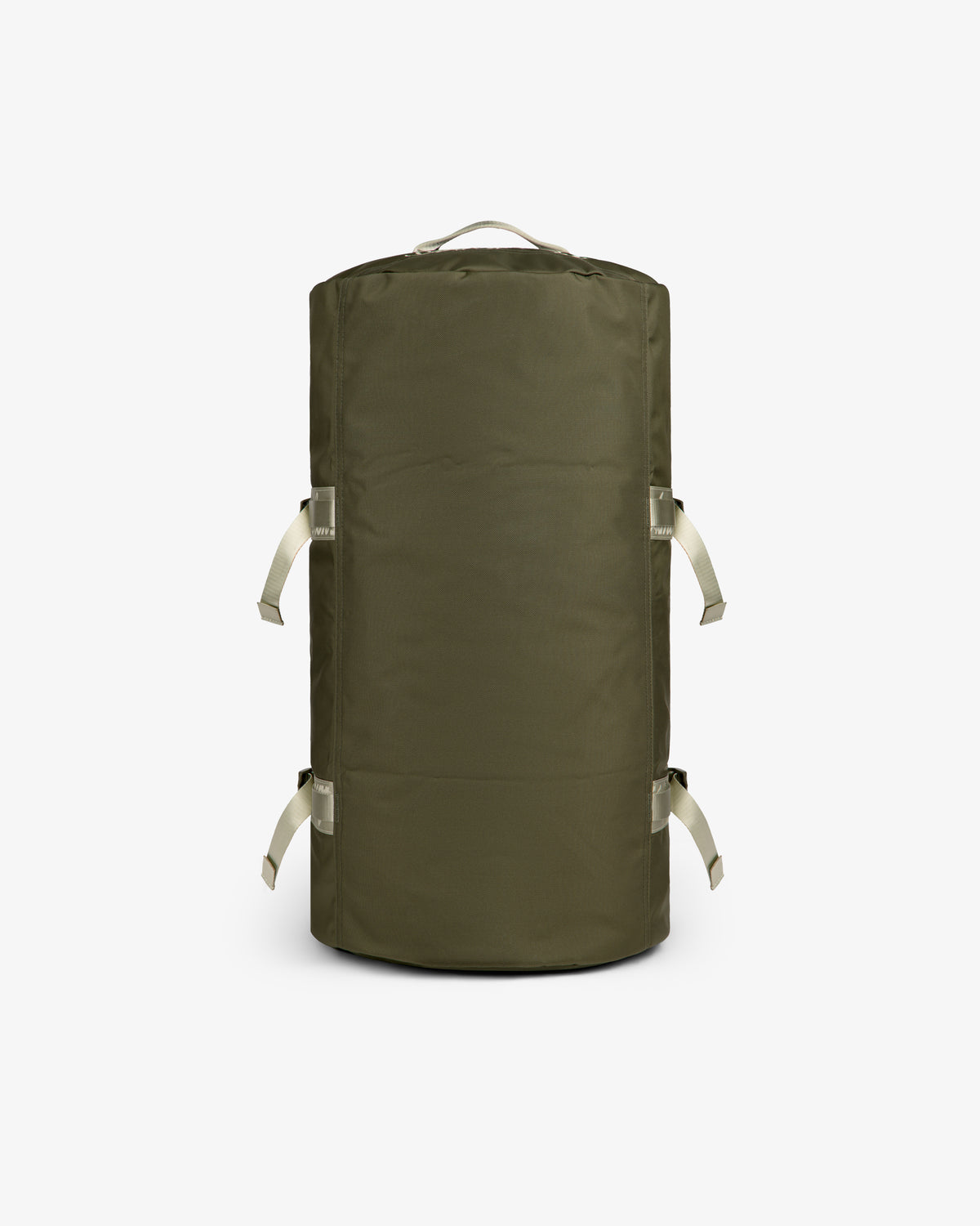 ALD / The North Face Base Camp Duffel in olive green with beige handles, displayed on a white background.