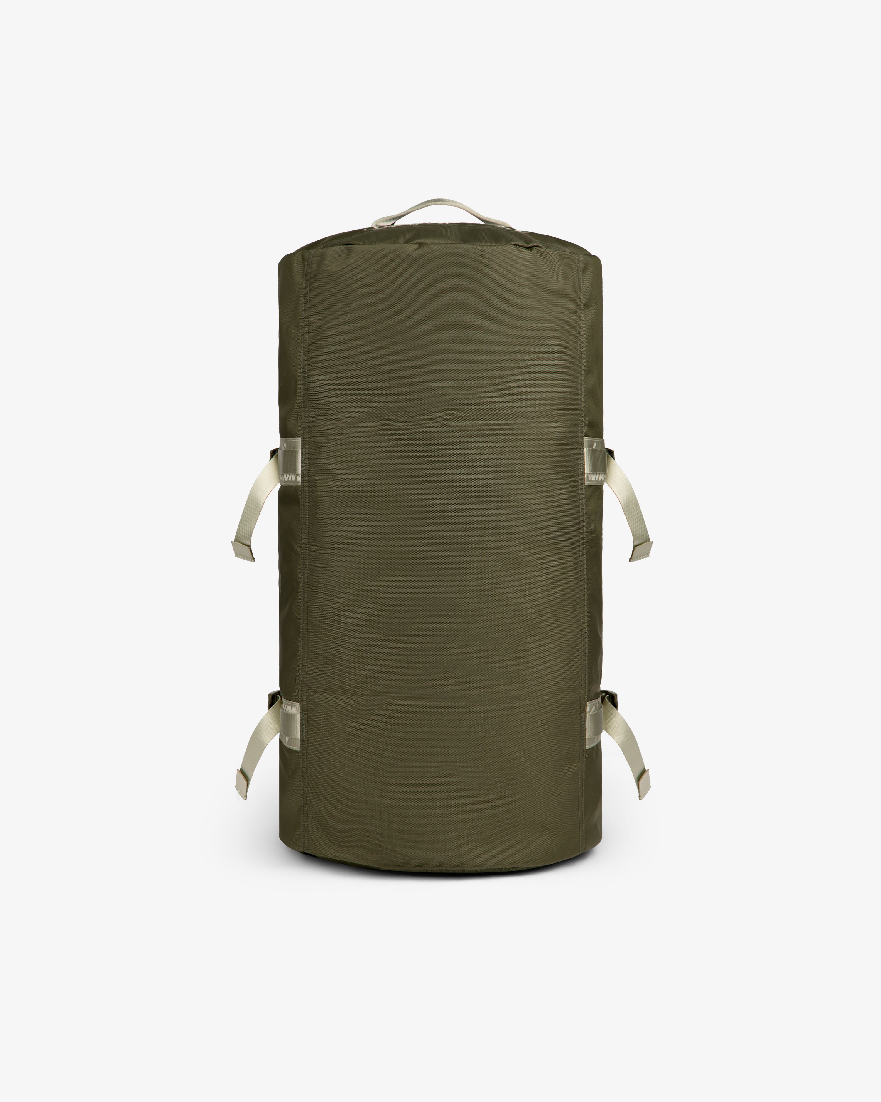 ALD / The North Face Base Camp Duffel in olive green with beige handles, displayed on a white background.