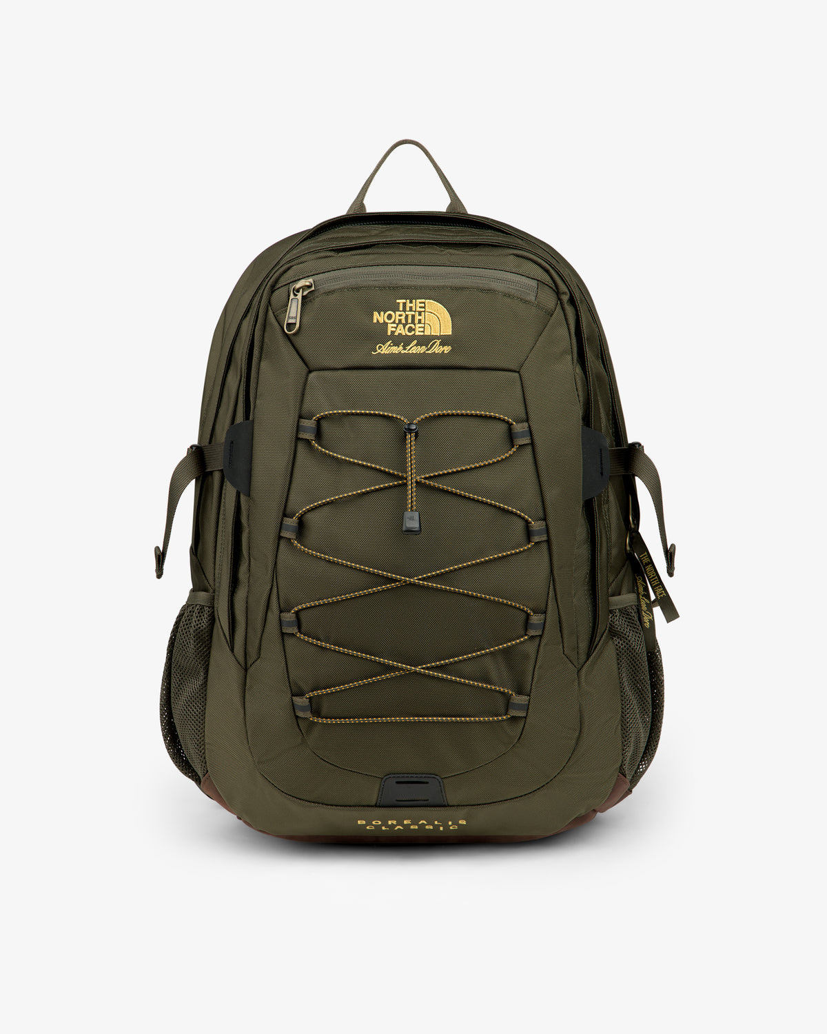 Olive green ALD / The North Face Borealis Backpack with yellow logo, bungee cord, side pockets, and top zipper.