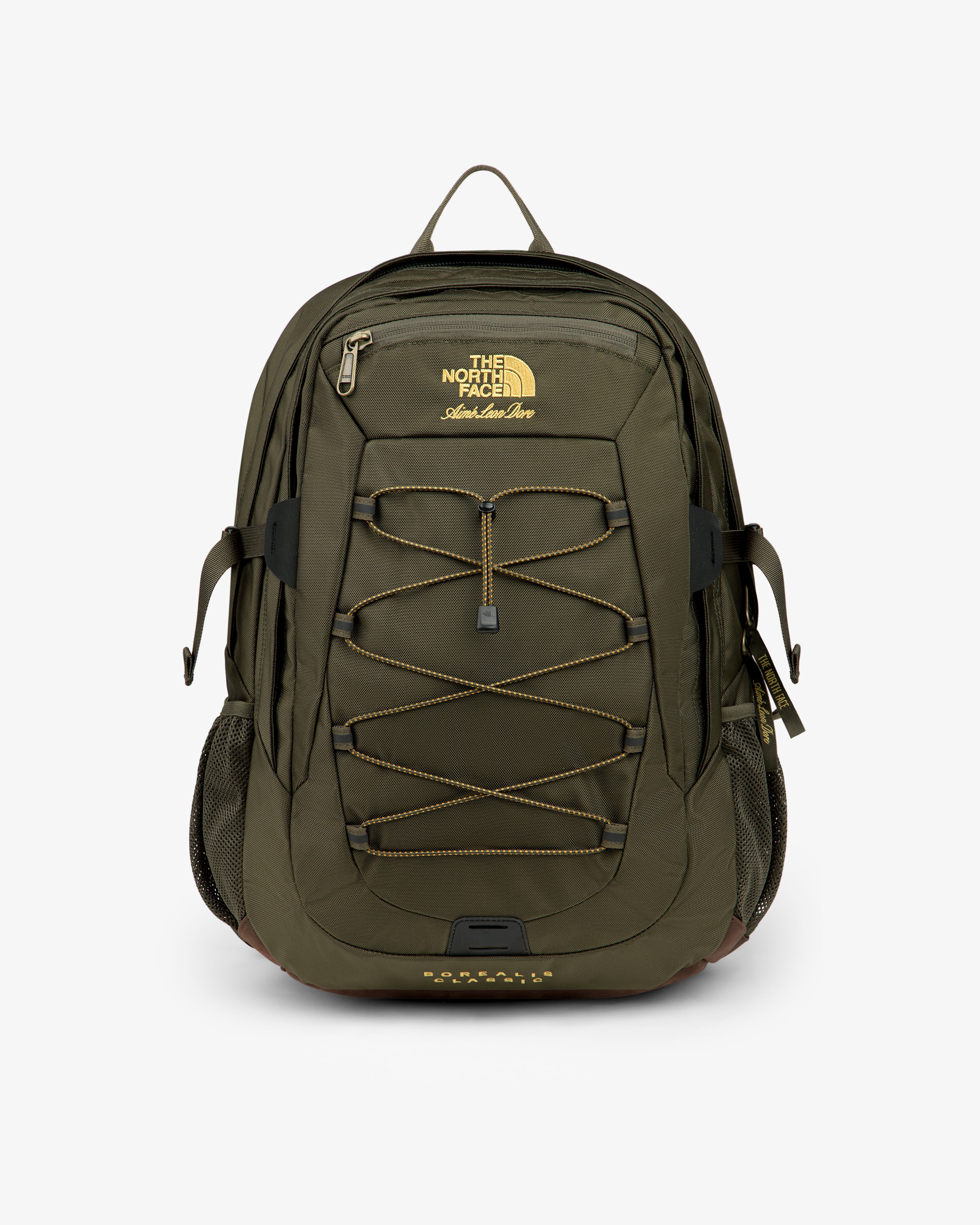 Olive green ALD / The North Face Borealis Backpack with yellow logo, bungee cord, side pockets, and top zipper.