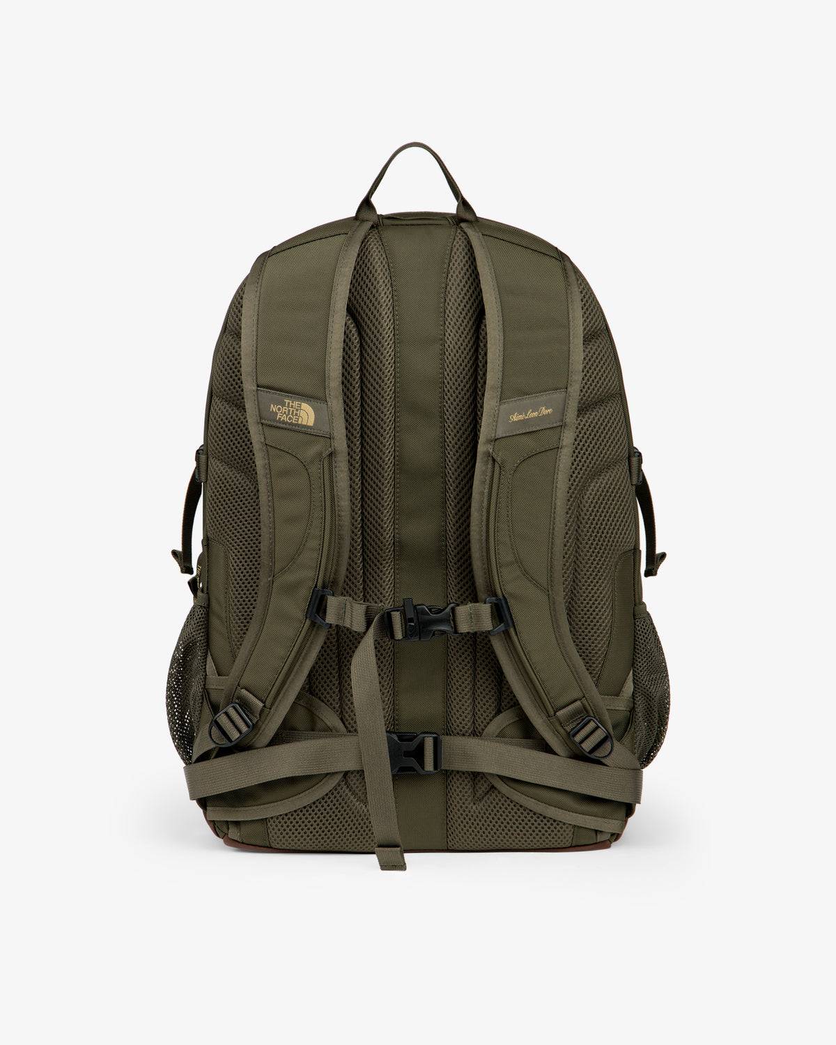ALD / The North Face Borealis Backpack in olive green with padded straps, mesh back, and black buckles, rear view.